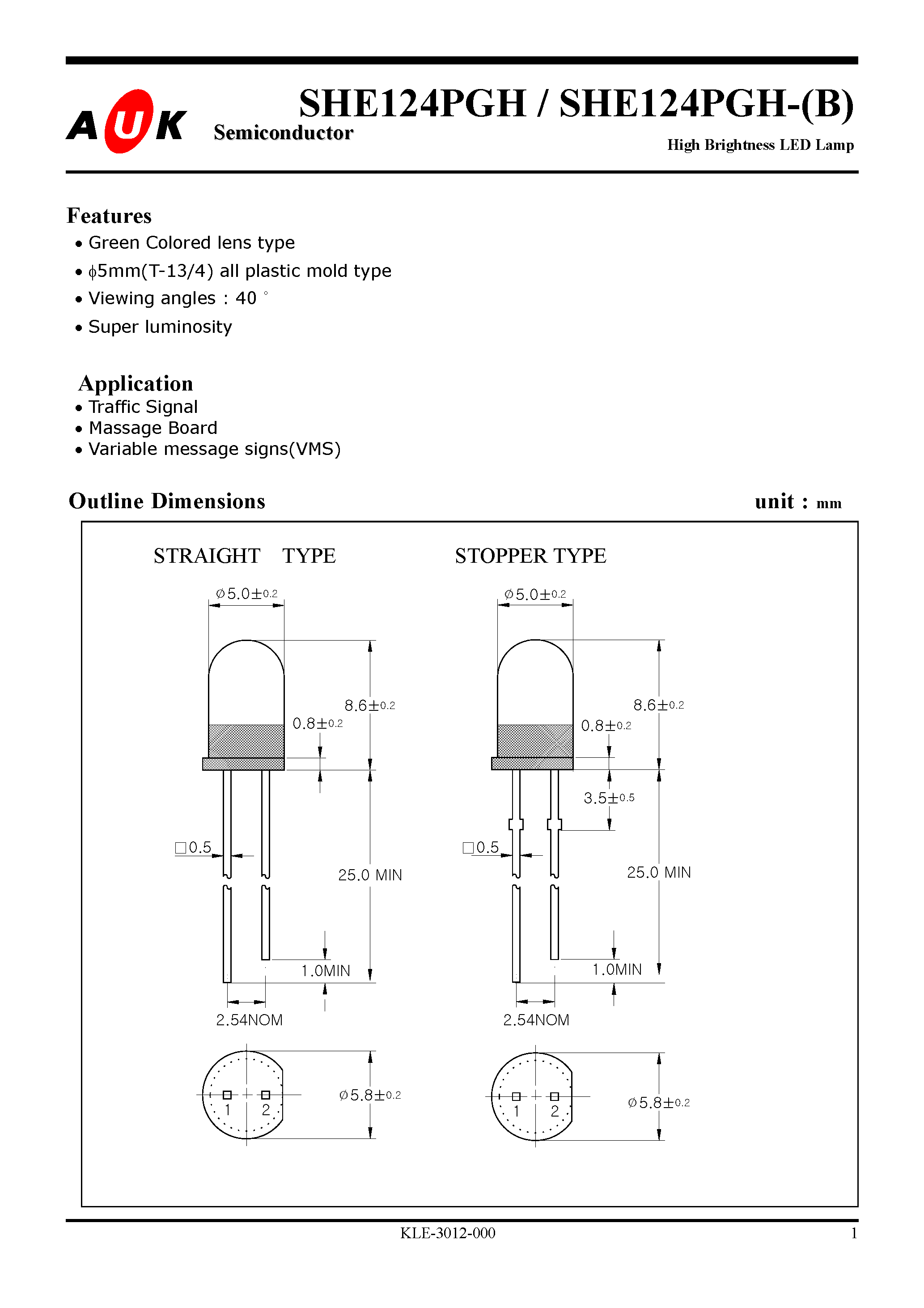 Datasheet SHE124PGH-(B) - High Brightness LED Lamp page 1