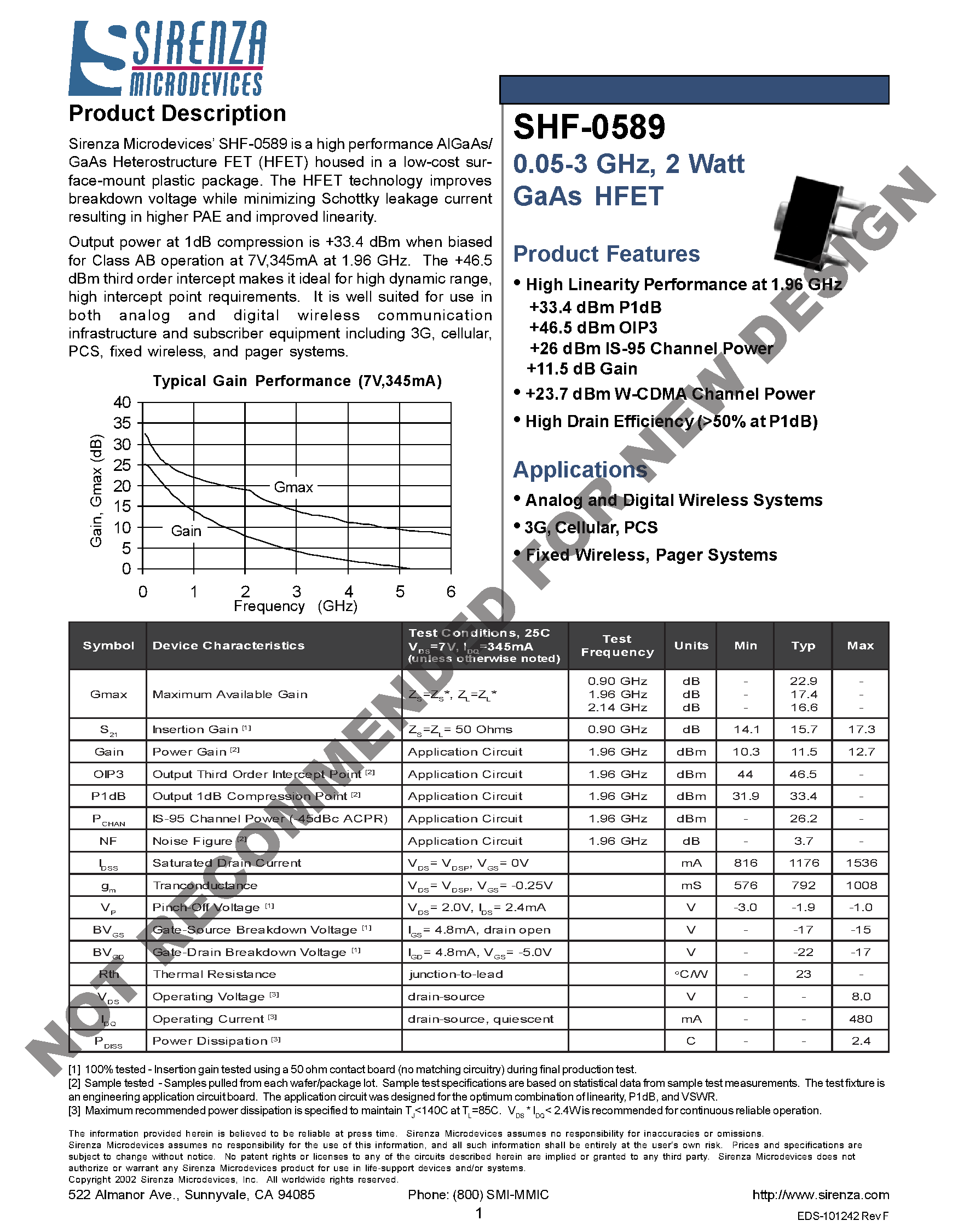 Даташит SHF-0589 - 0.05-3 GHz/ 2 Watt GaAs HFET страница 1