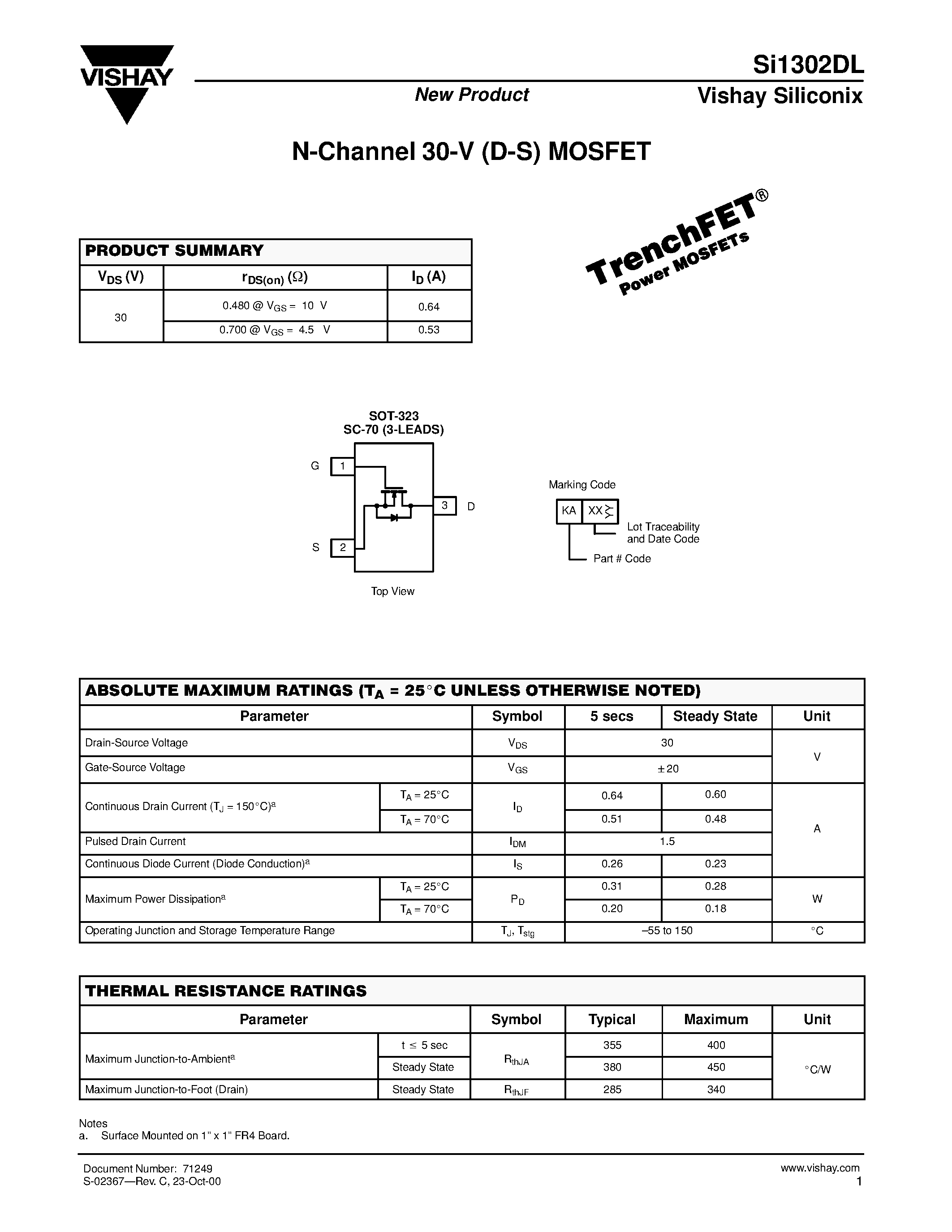 Даташит SI1302DL - N-Channel 30-V (D-S) MOSFET страница 1