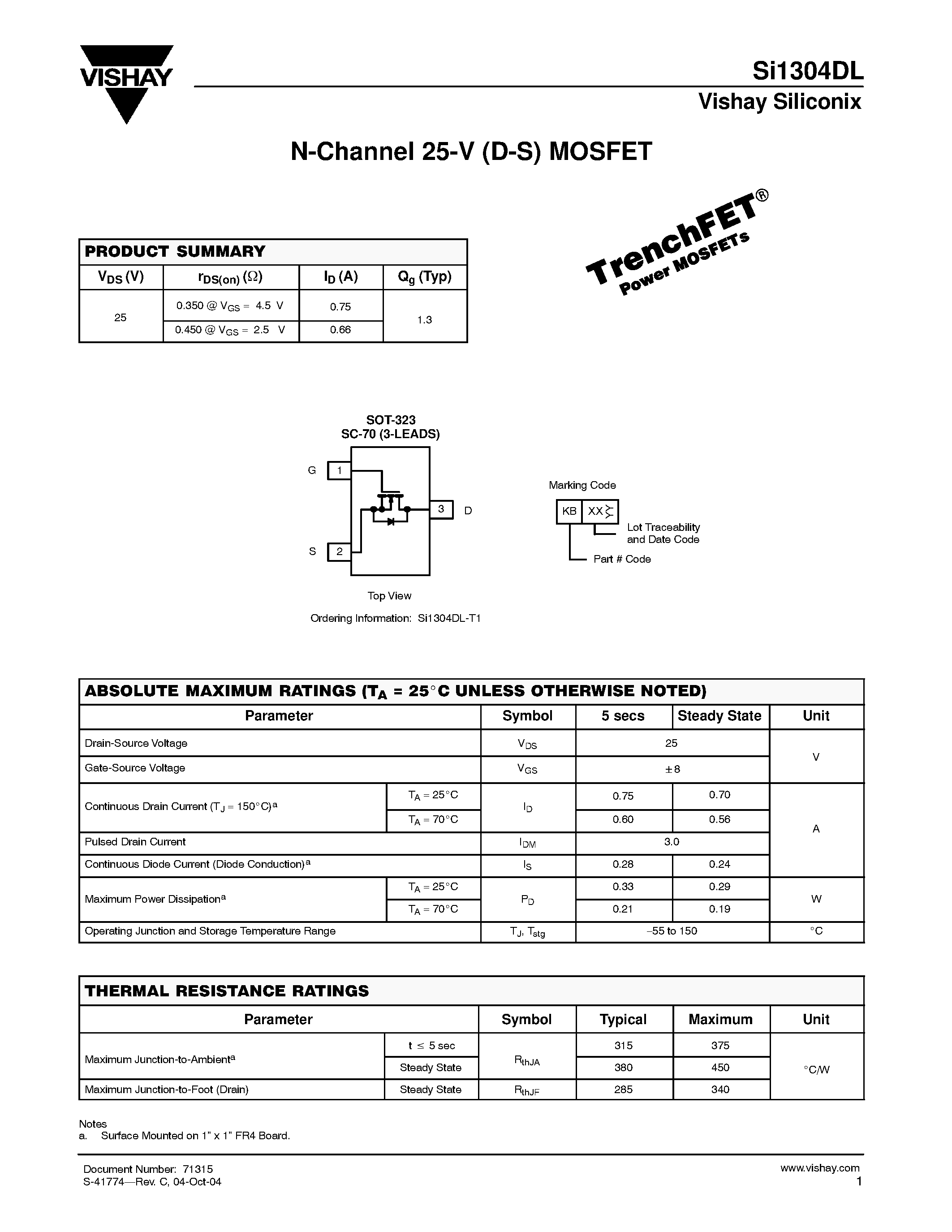 Даташит SI1304DL - N-Channel 25-V (D-S) MOSFET страница 1