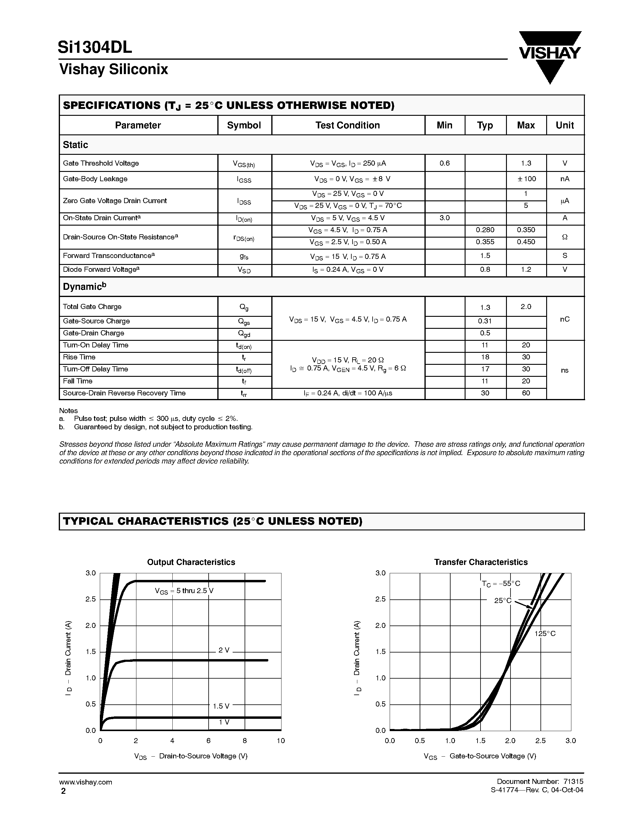 Datasheet Si1304DL-T1 - N-Channel 25-V (D-S) MOSFET page 2