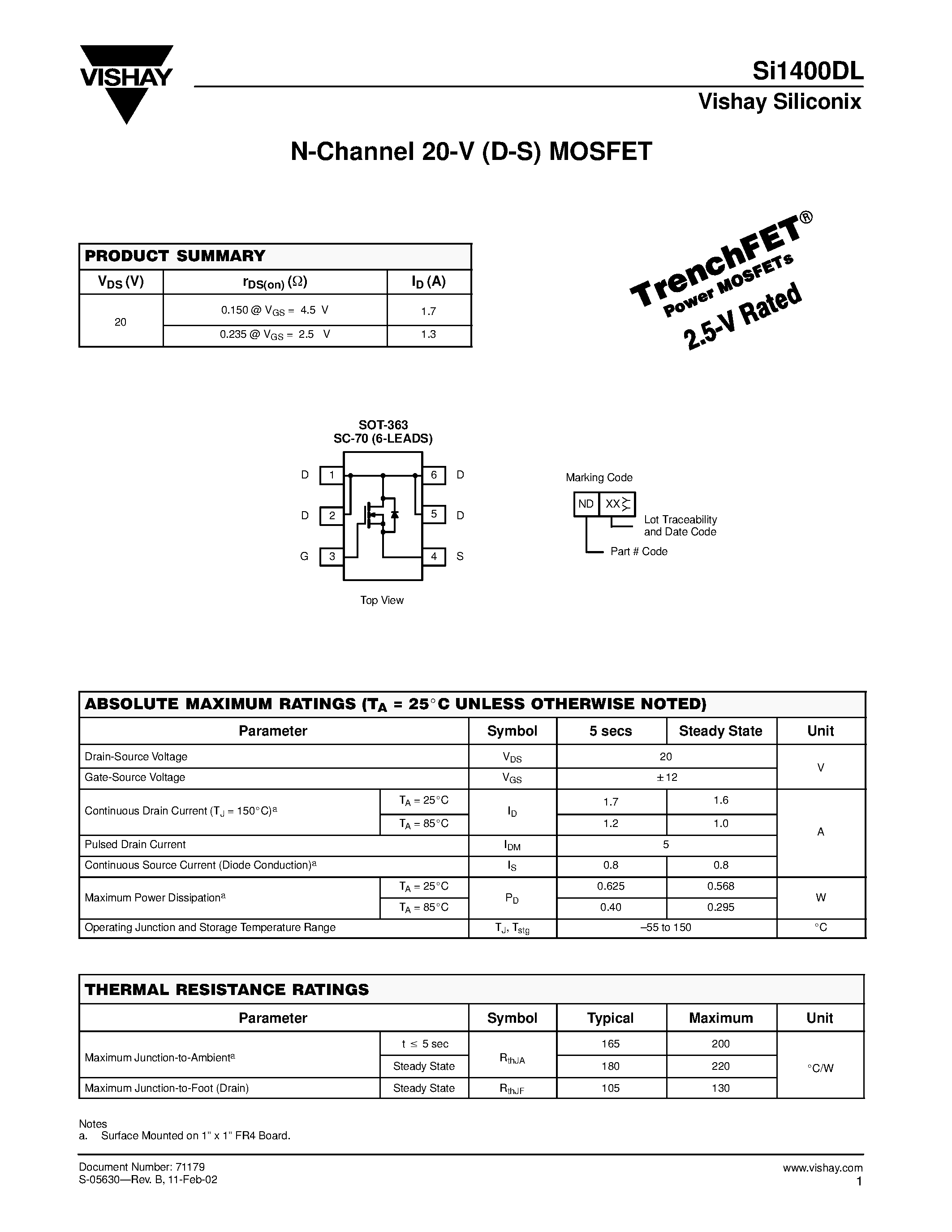Datasheet SI1400DL - N-Channel 20-V (D-S) MOSFET page 1