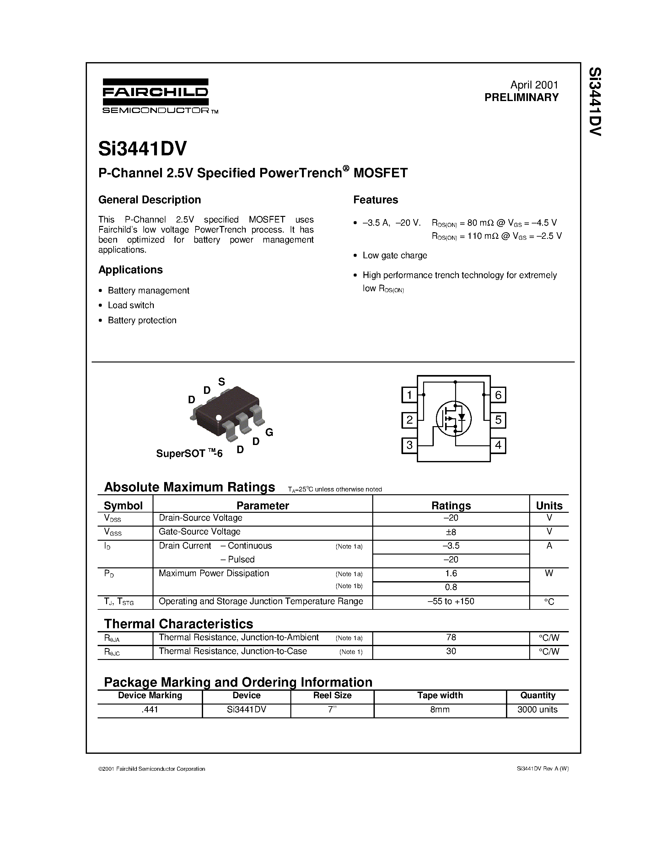 Даташит SI3441 - P-Channel 2.5V Specified PowerTrench MOSFET страница 1