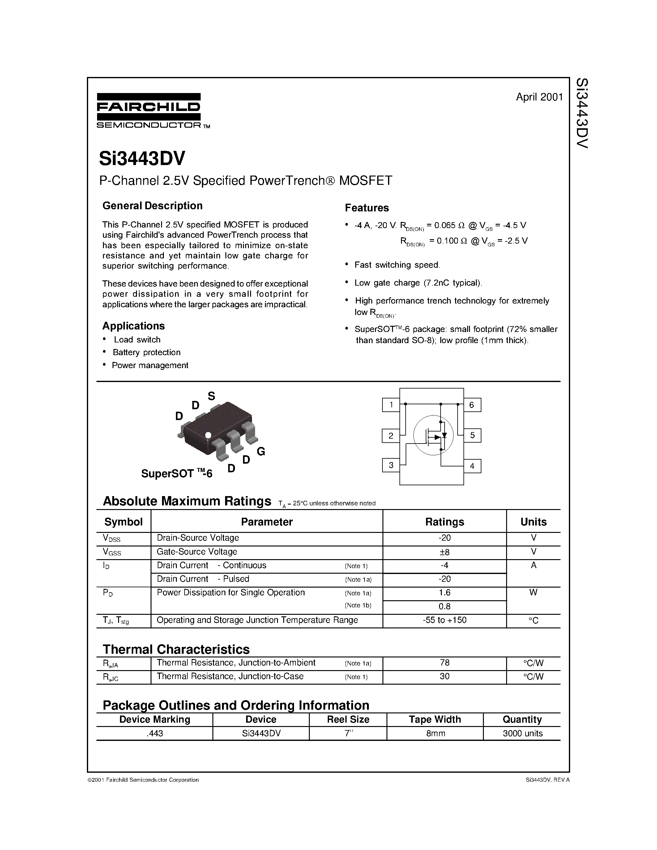 Даташит SI3443DV - P-Channel 2.5V Specified PowerTrench MOSFET страница 1