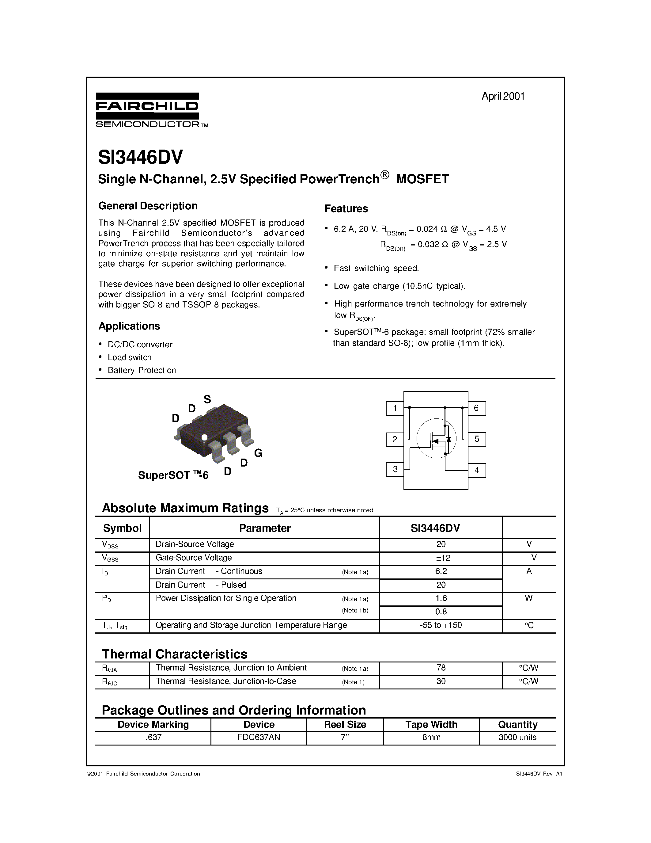 Даташит SI3446DV - Single N-Channel/ 2.5V Specified PowerTrench MOSFET страница 1