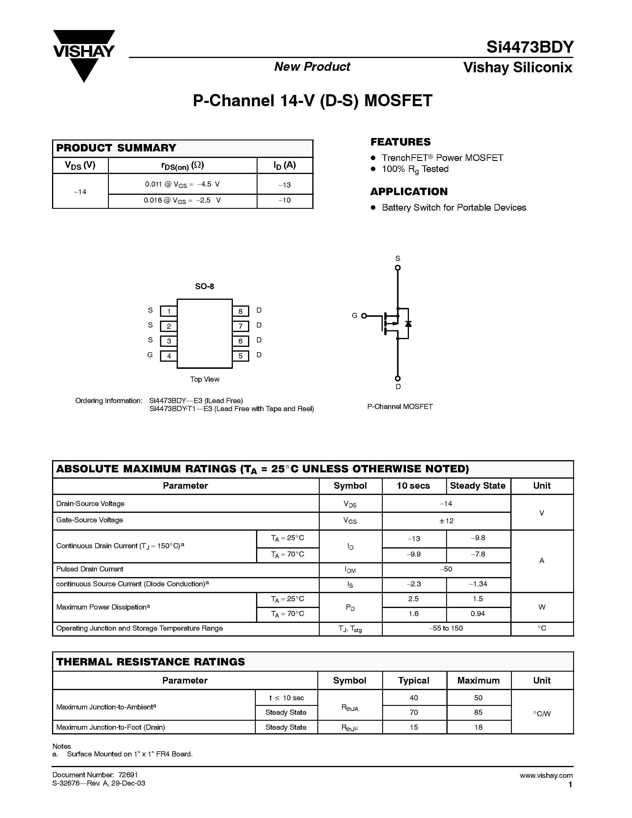 Даташит SI4473BDY - P-Channel 14-V (D-S) MOSFET страница 1