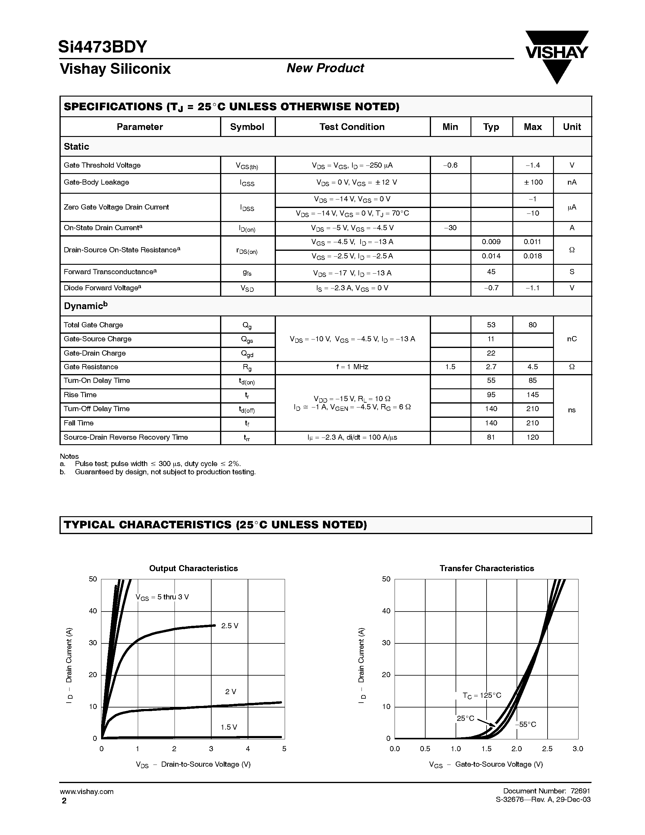 Даташит SI4473BDY - P-Channel 14-V (D-S) MOSFET страница 2