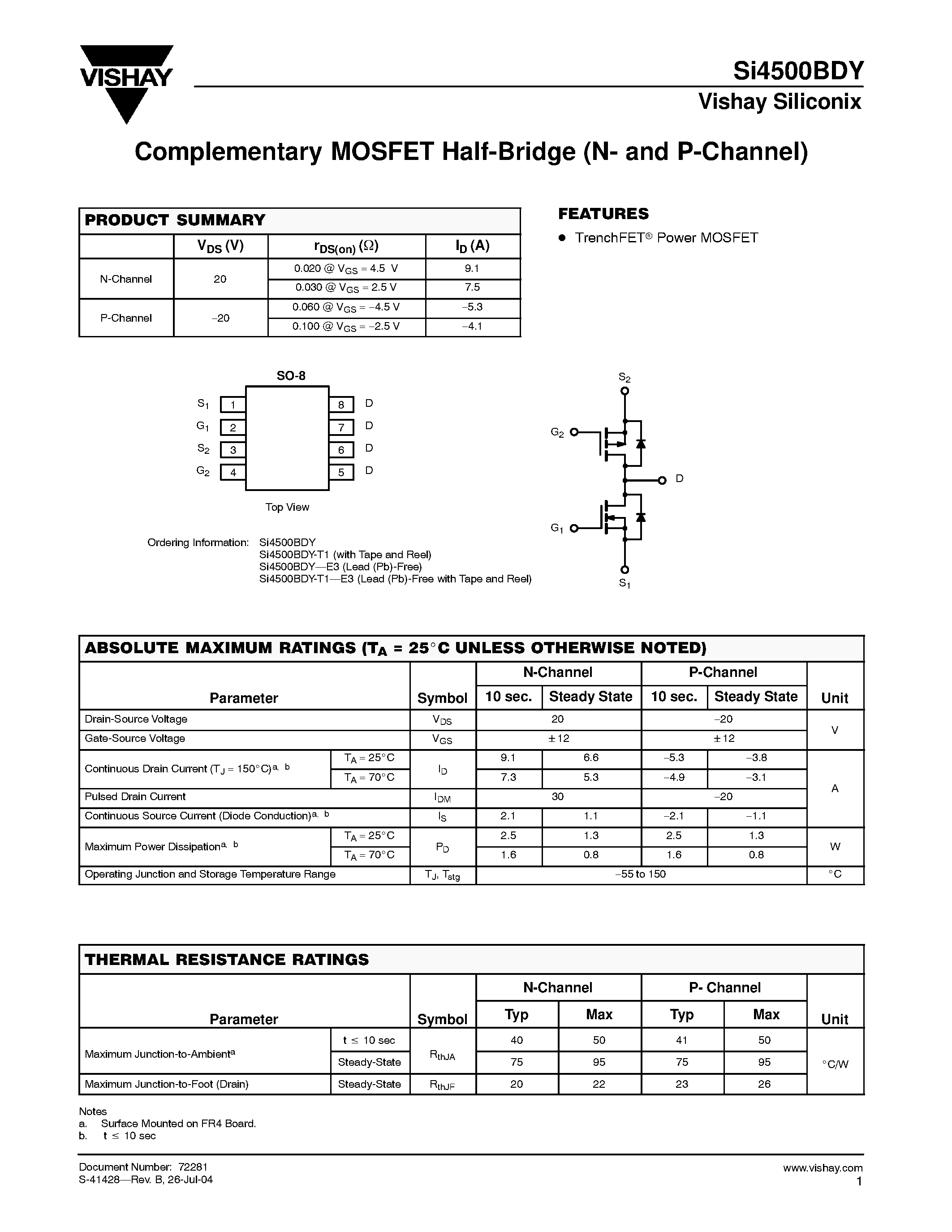 Даташит SI4500BDY - Complementary MOSFET Half-Bridge (N- and P-Channel) страница 1