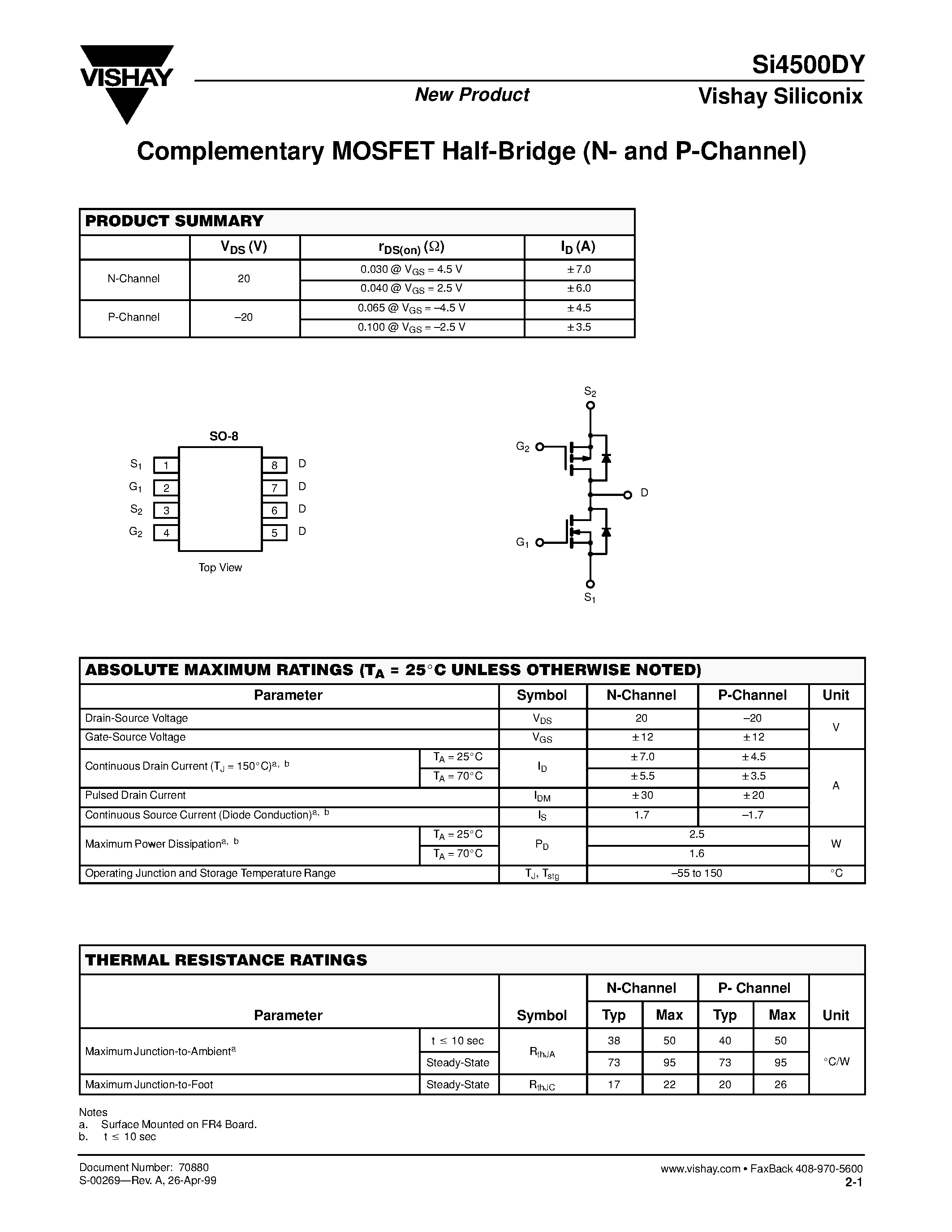 Даташит SI4500DY - Complementary MOSFET Half-Bridge (N- and P-Channel) страница 1