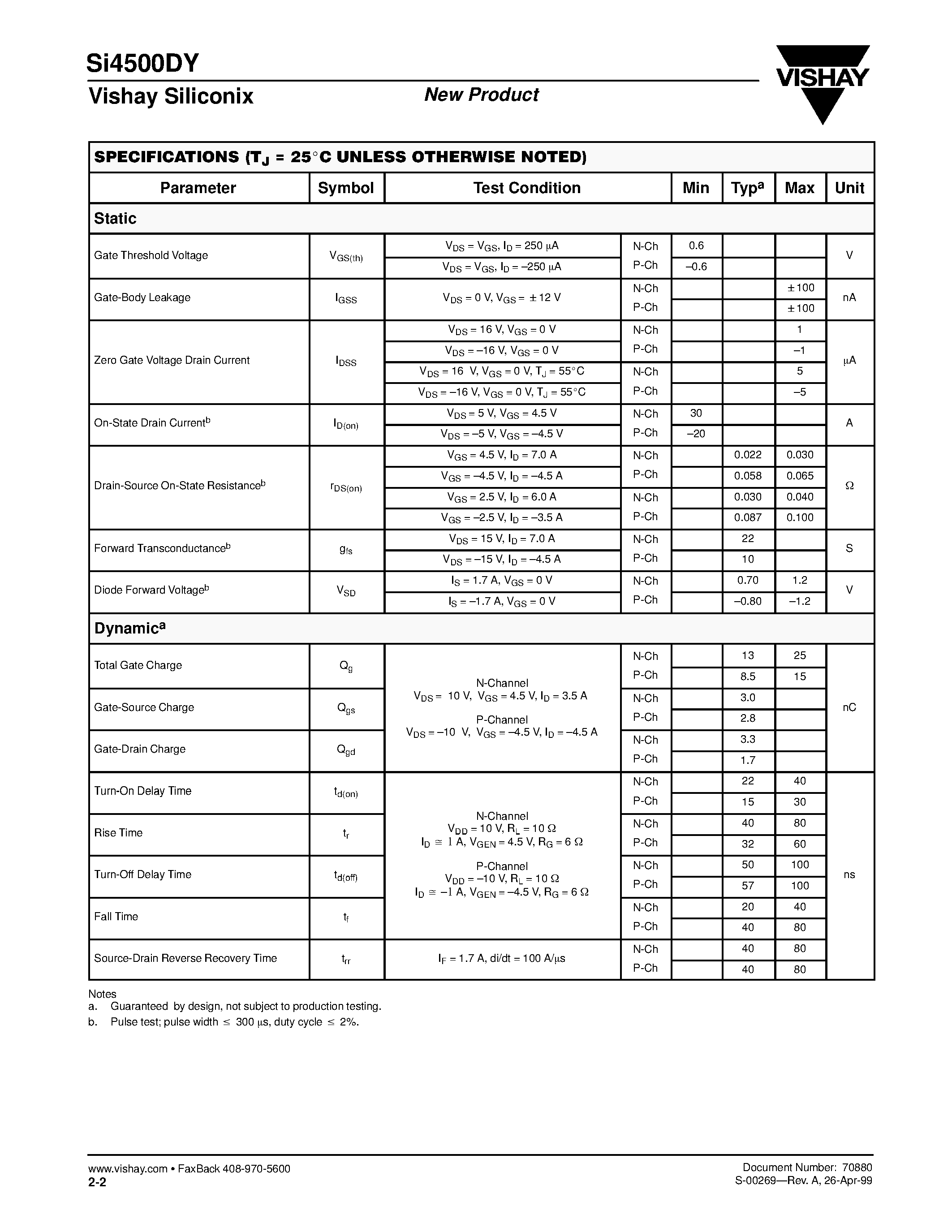 Даташит SI4500DY - Complementary MOSFET Half-Bridge (N- and P-Channel) страница 2