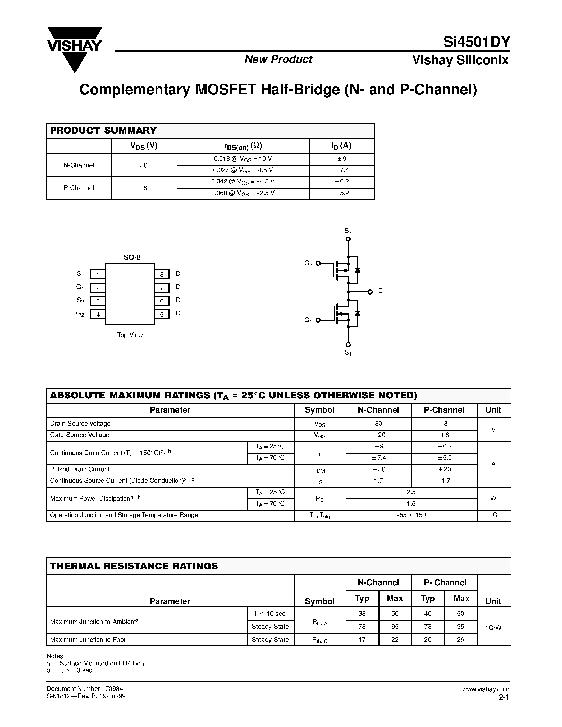 Даташит SI4501DY - Complementary MOSFET Half-Bridge (N- and P-Channel) страница 1