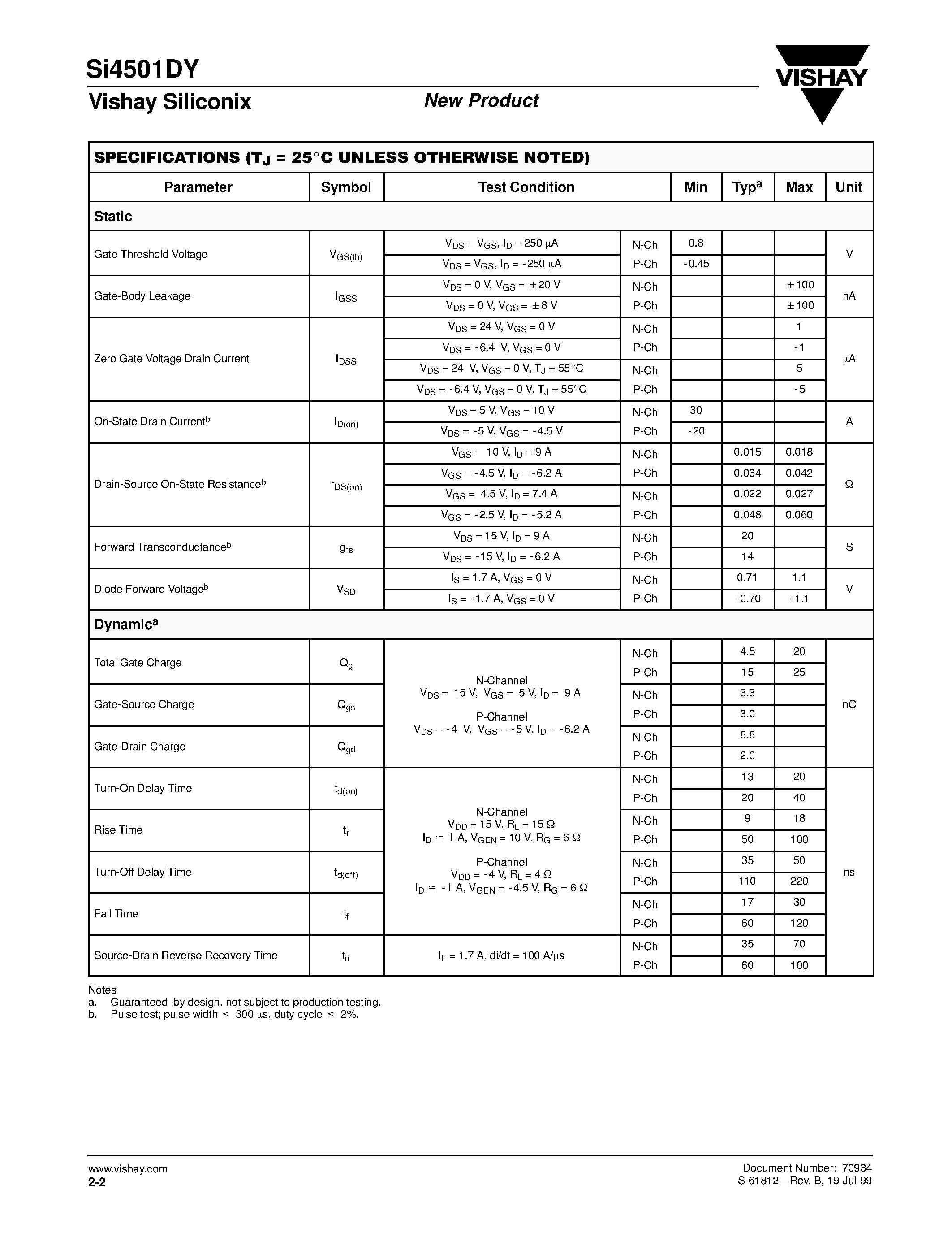 Даташит SI4501DY - Complementary MOSFET Half-Bridge (N- and P-Channel) страница 2