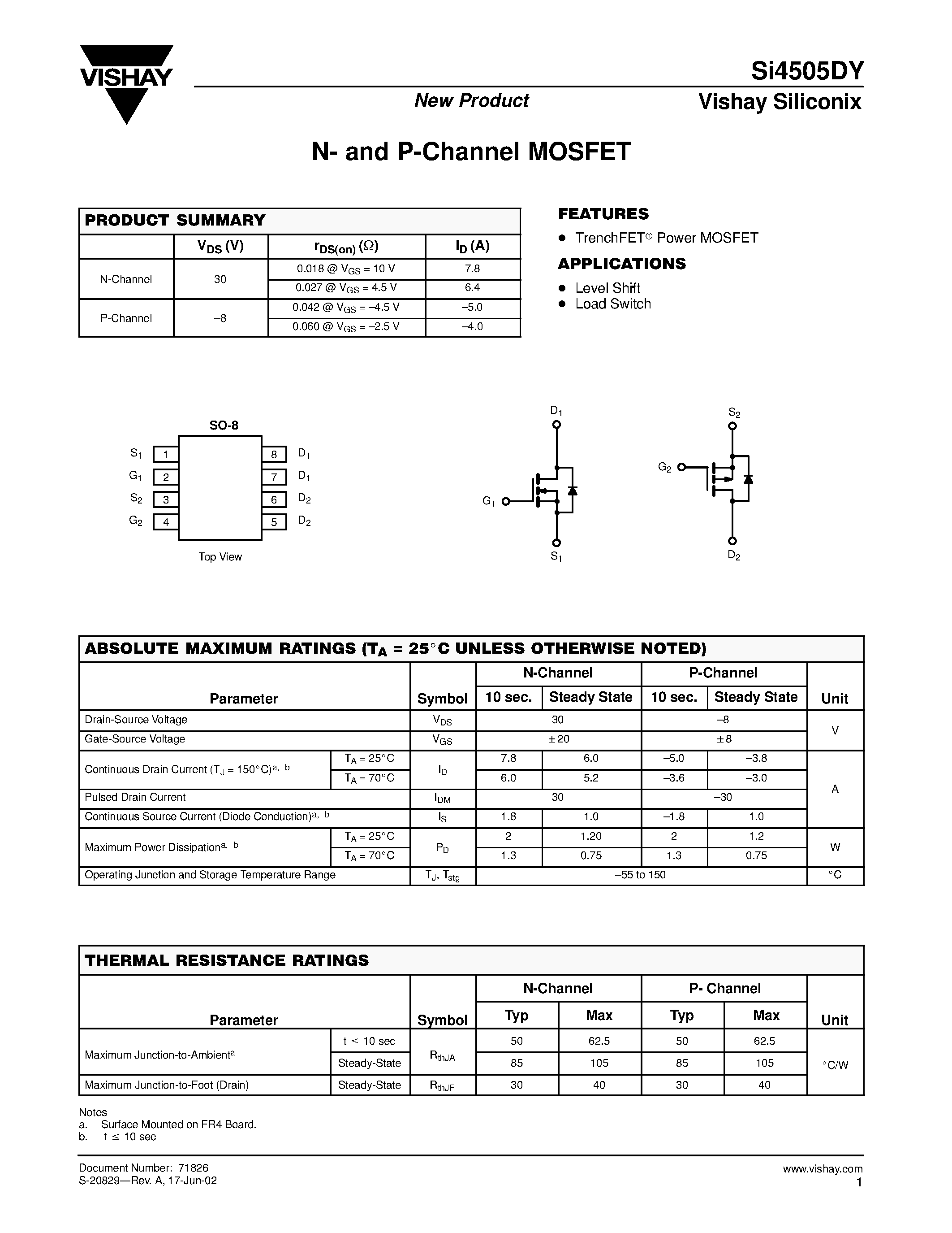 Даташит SI4505DY - N- and P-Channel MOSFET страница 1