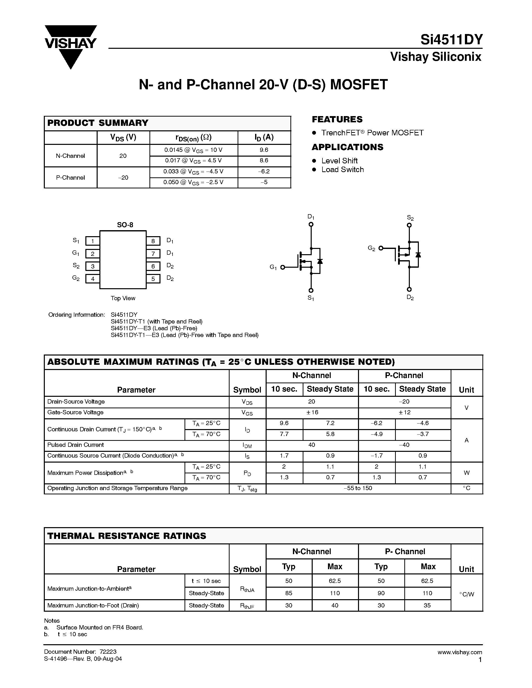 Даташит SI4511DY - N- and P-Channel 20-V (D-S) MOSFET страница 1