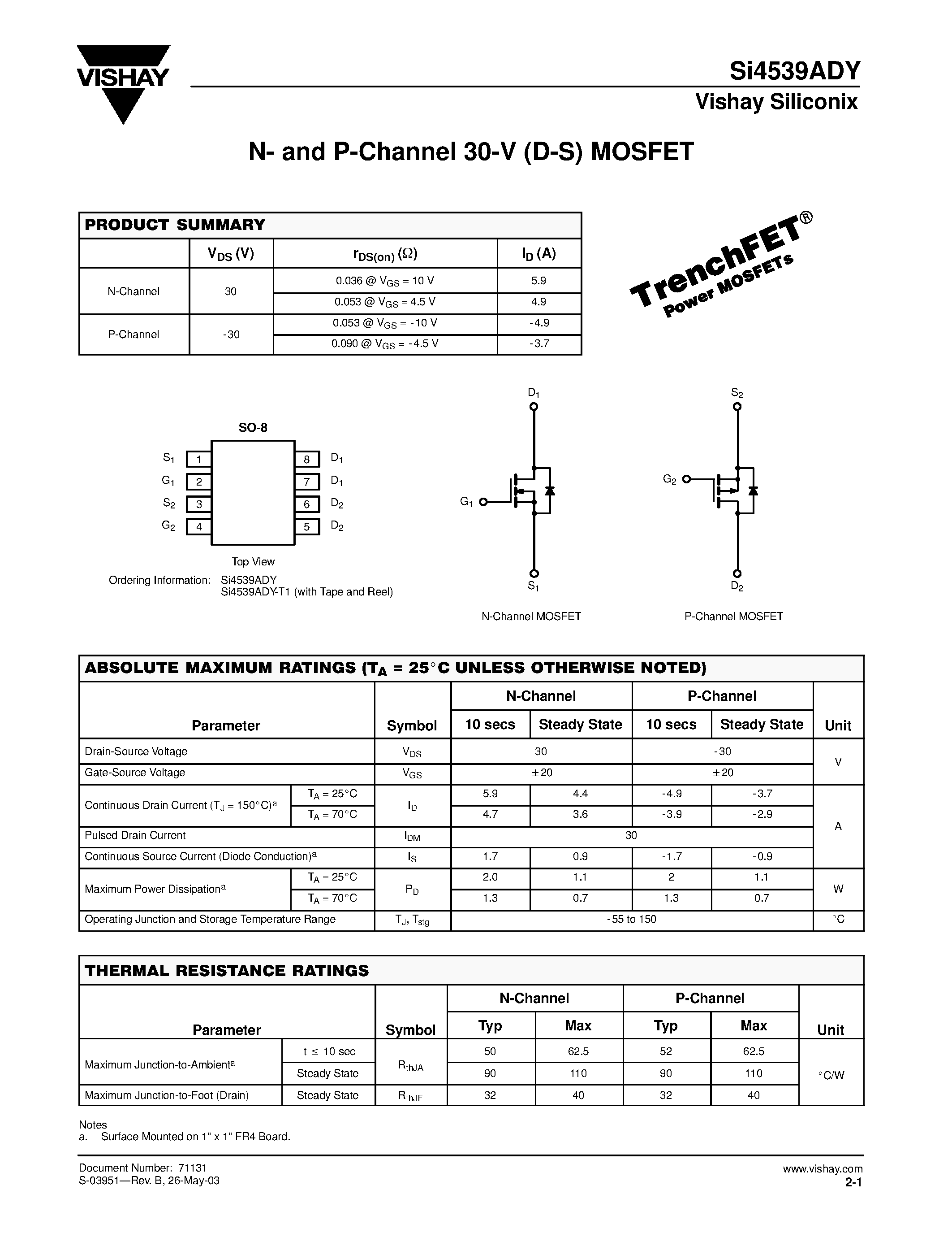 Даташит SI4539ADY - N- and P-Channel 30-V (D-S) MOSFET страница 1