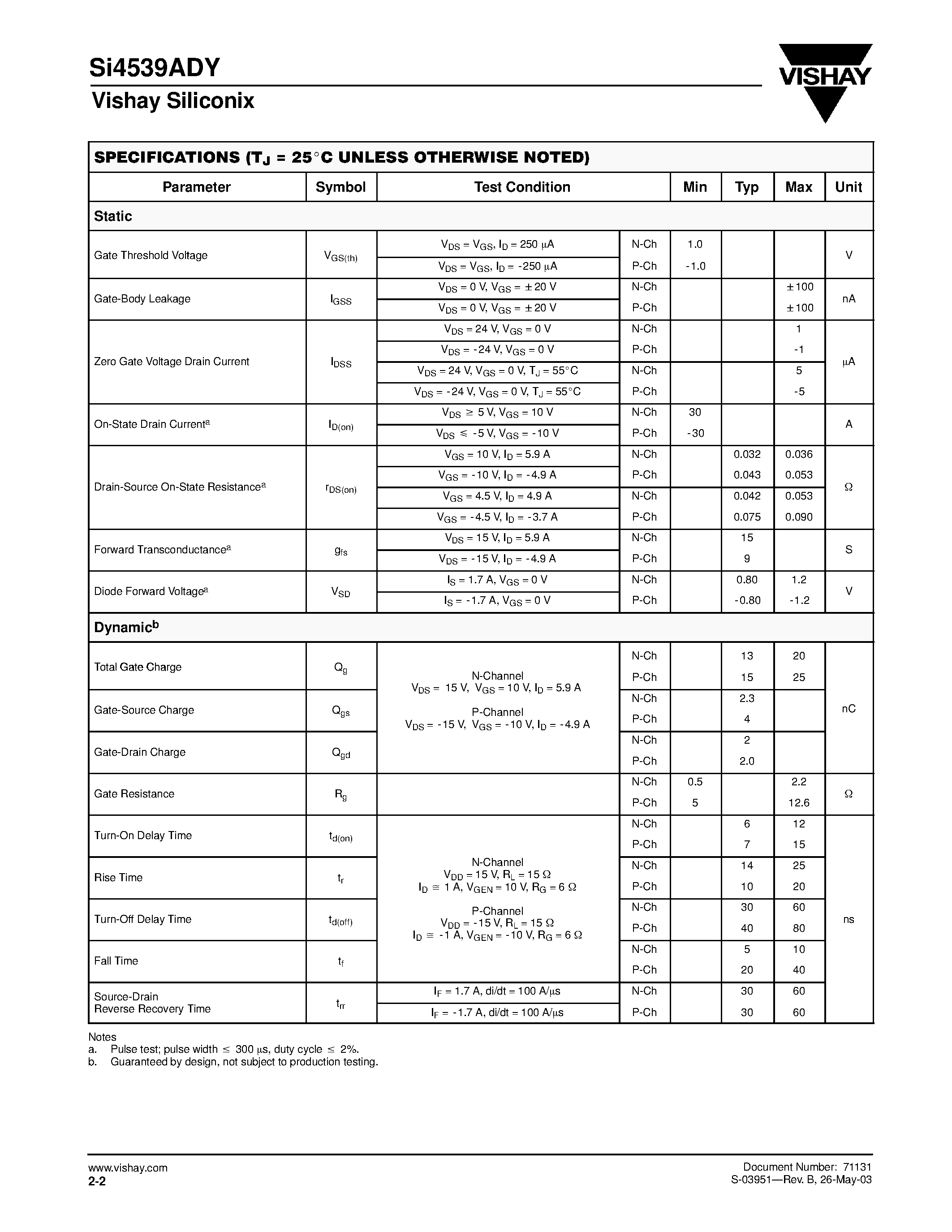 Даташит SI4539ADY-T1 - N- and P-Channel 30-V (D-S) MOSFET страница 2