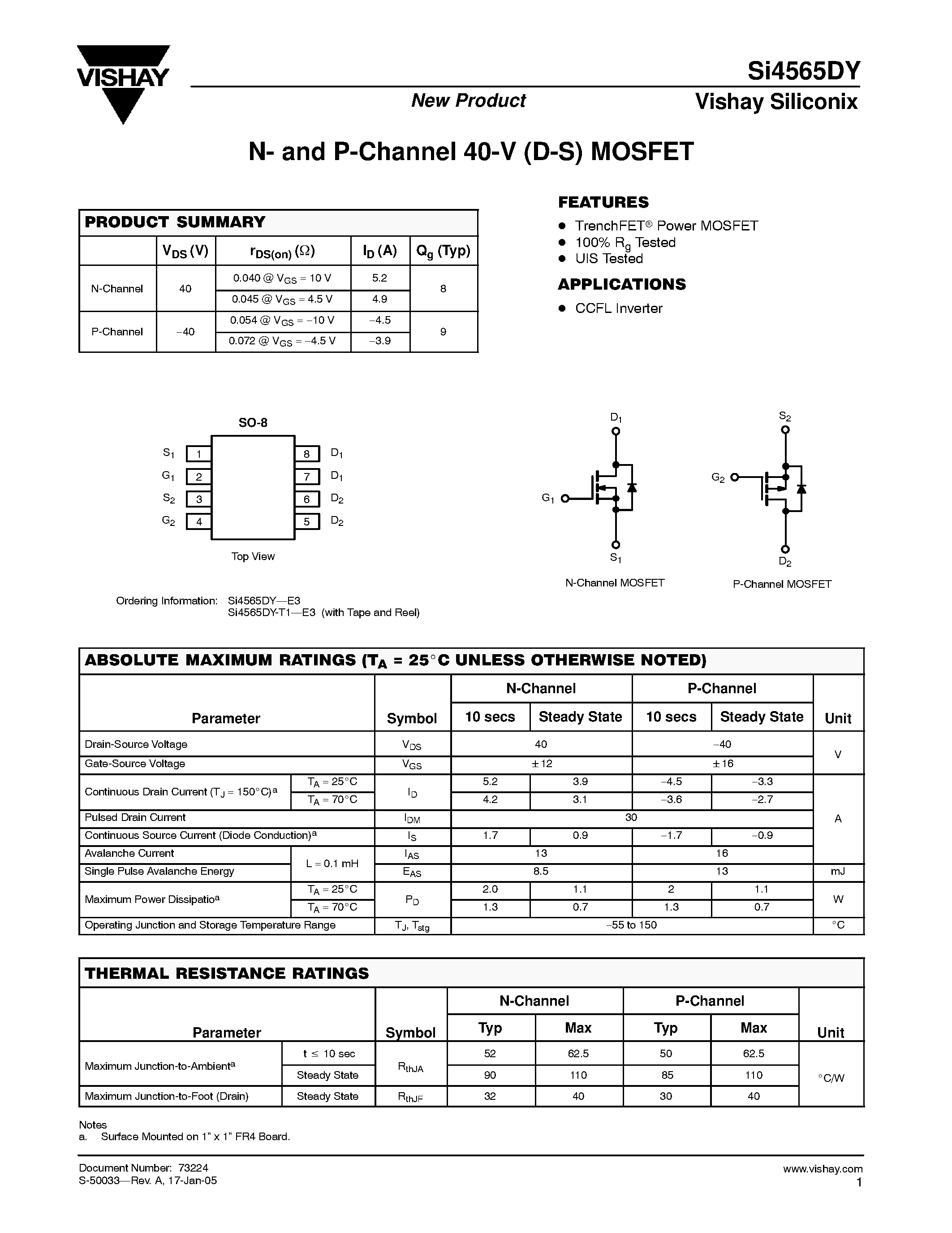 Даташит Si4565DY - N- and P-Channel 40-V (D-S) MOSFET страница 1