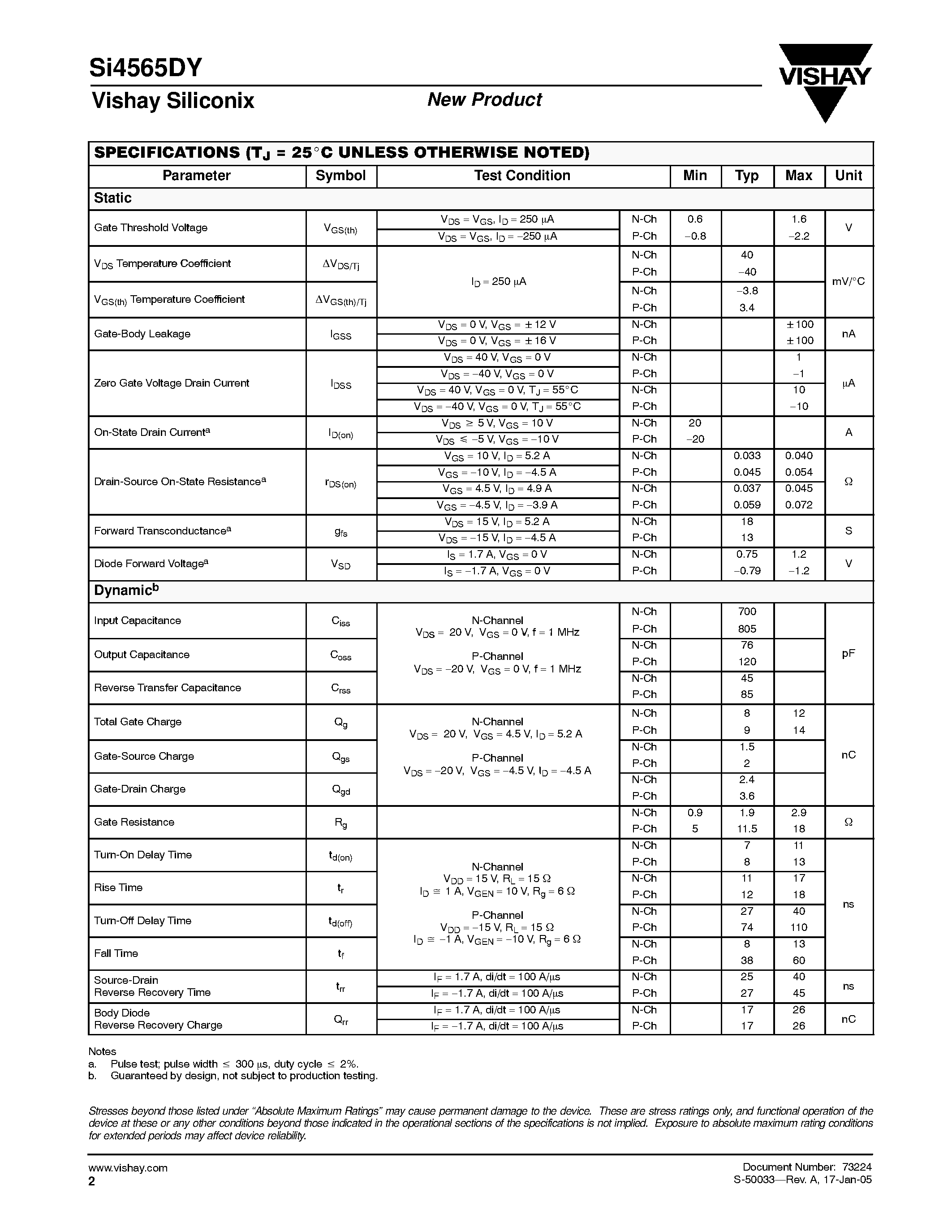 Даташит Si4565DY - N- and P-Channel 40-V (D-S) MOSFET страница 2