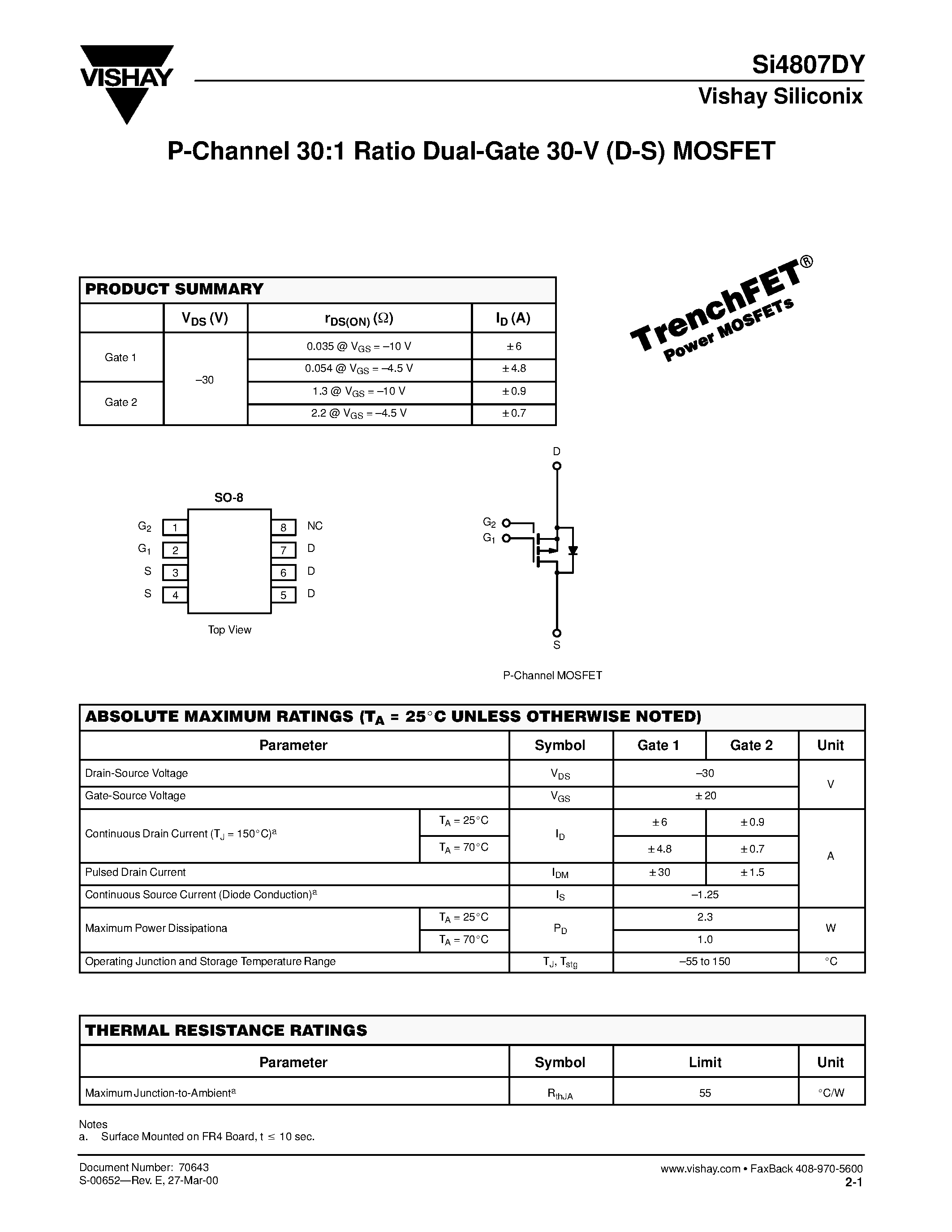 Даташит SI4807DY - P-Channel 30:1 Ratio Dual-Gate 30-V (D-S) MOSFET страница 1