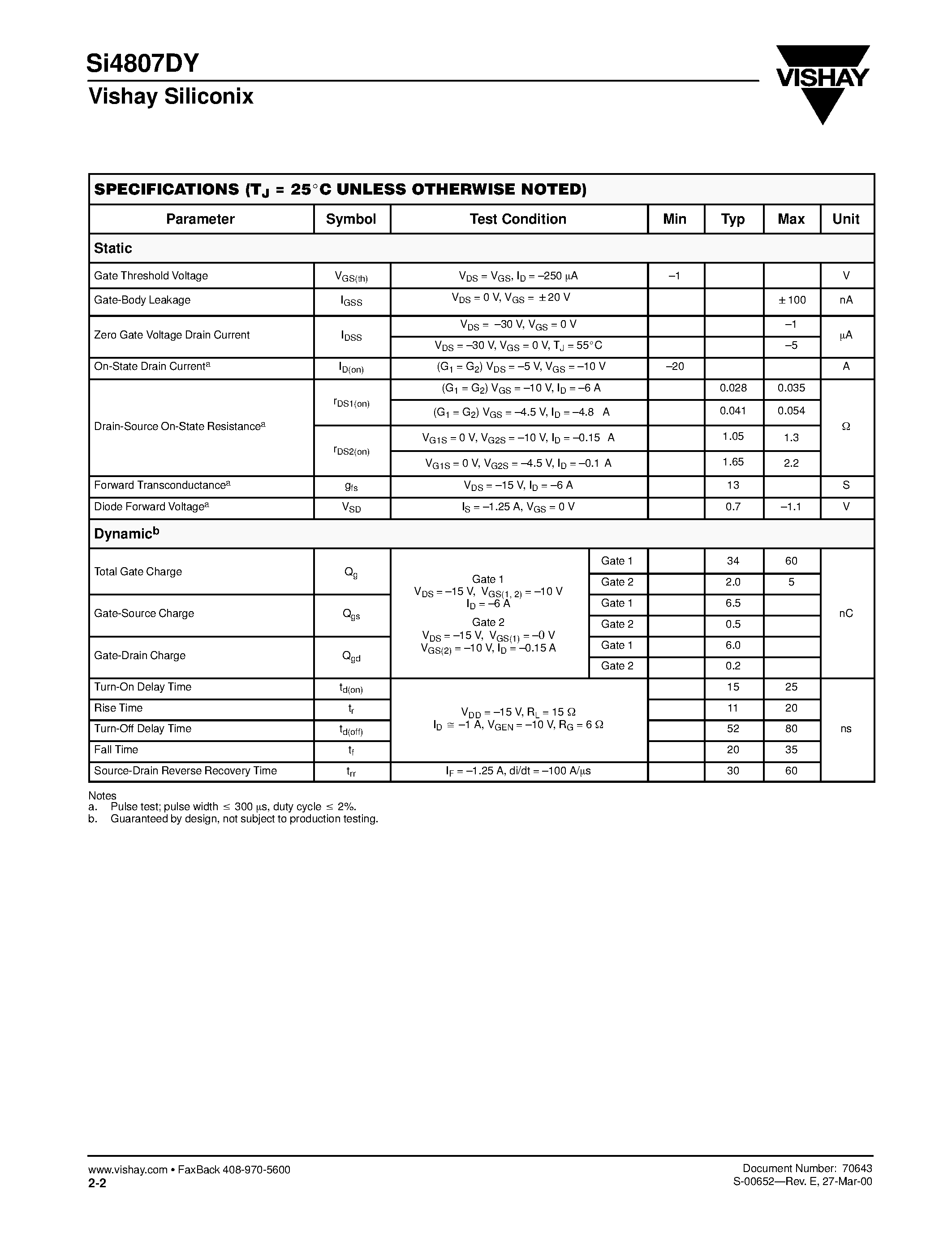 Даташит SI4807DY - P-Channel 30:1 Ratio Dual-Gate 30-V (D-S) MOSFET страница 2