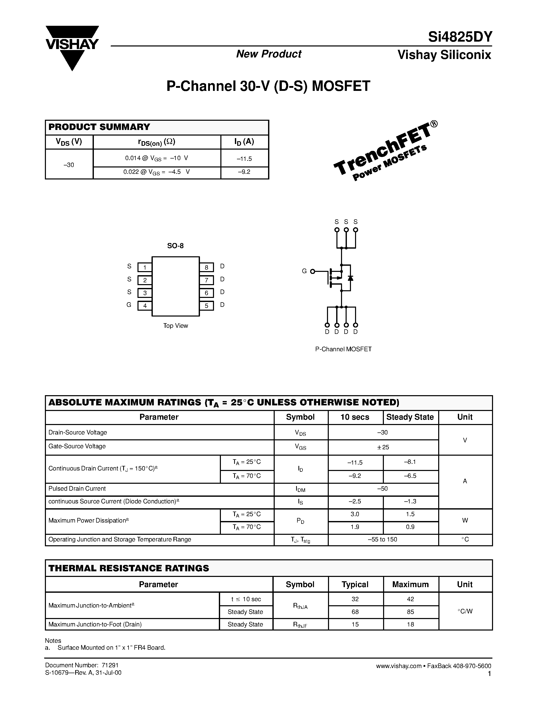 Даташит SI4825DY - P-Channel 30-V (D-S) MOSFET страница 1