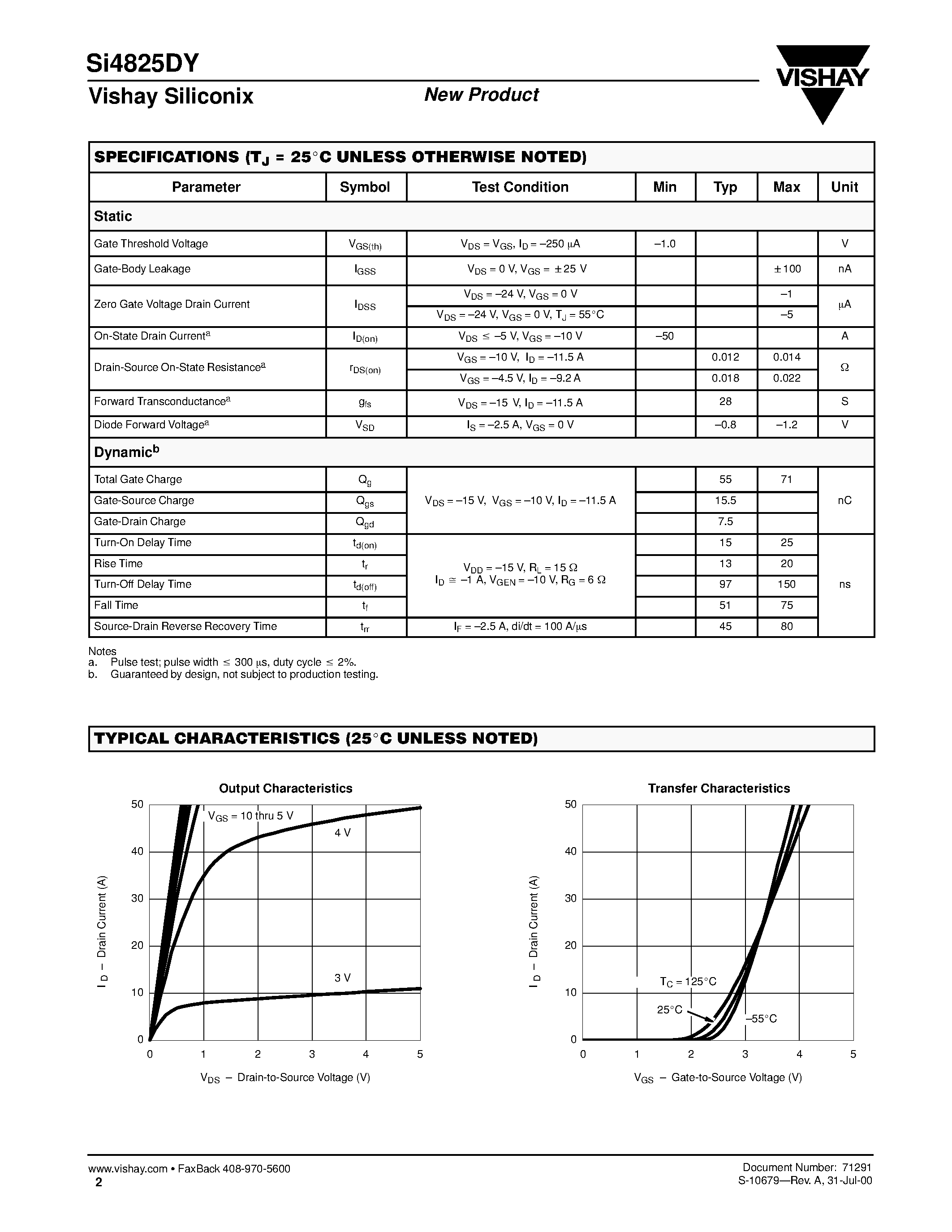 Даташит SI4825DY - P-Channel 30-V (D-S) MOSFET страница 2