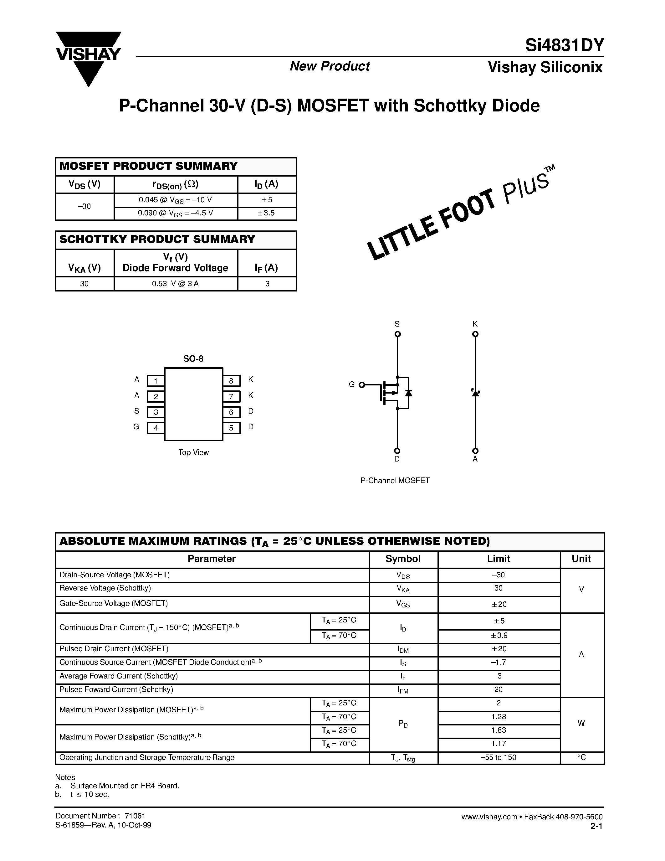 Даташит Si4831DY - P-Channel 30-V (D-S) MOSFET with Schottky Diode страница 1