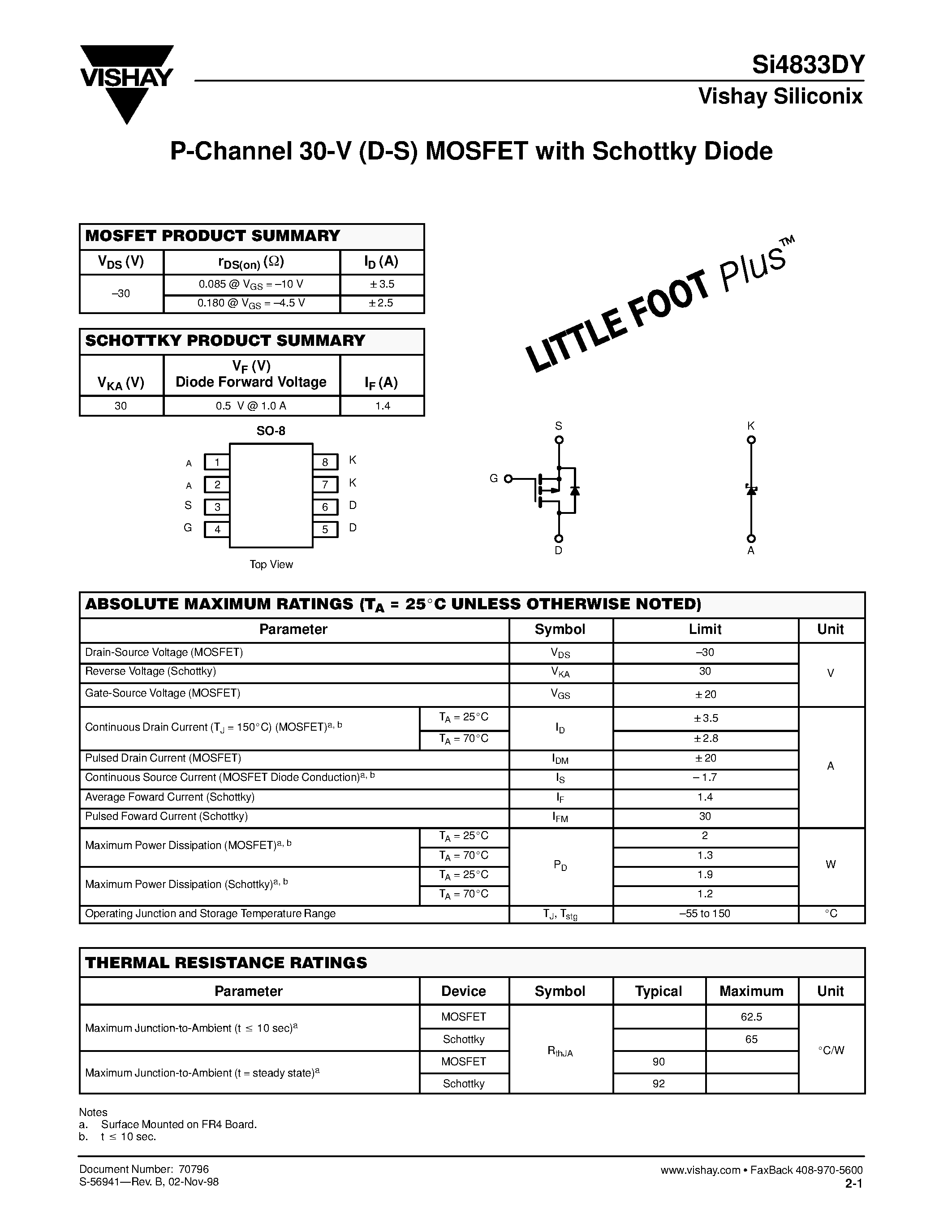 Даташит SI4833DY - P-Channel 30-V (D-S) MOSFET with Schottky Diode страница 1