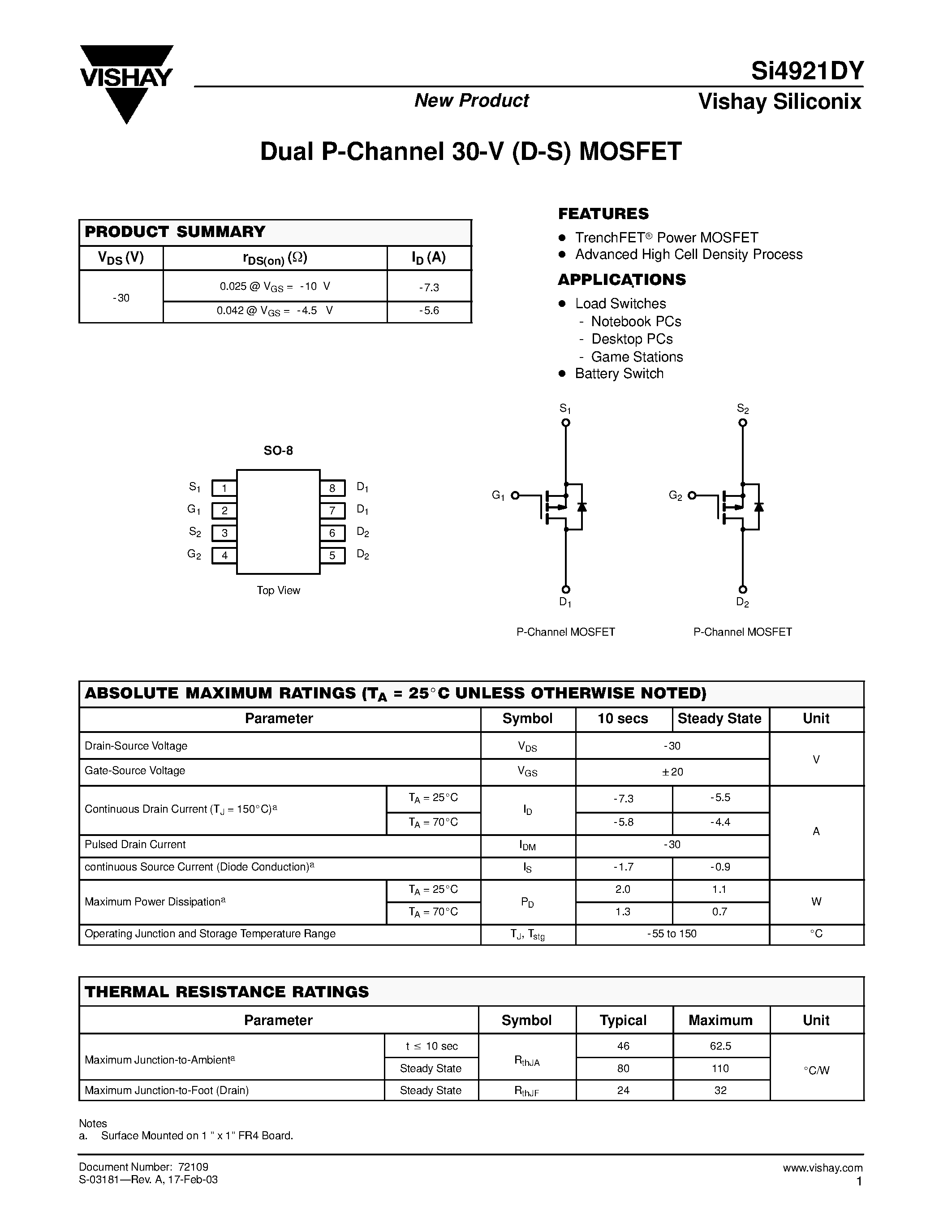 Даташит SI4921DY - Dual P-Channel 30-V (D-S) MOSFET страница 1