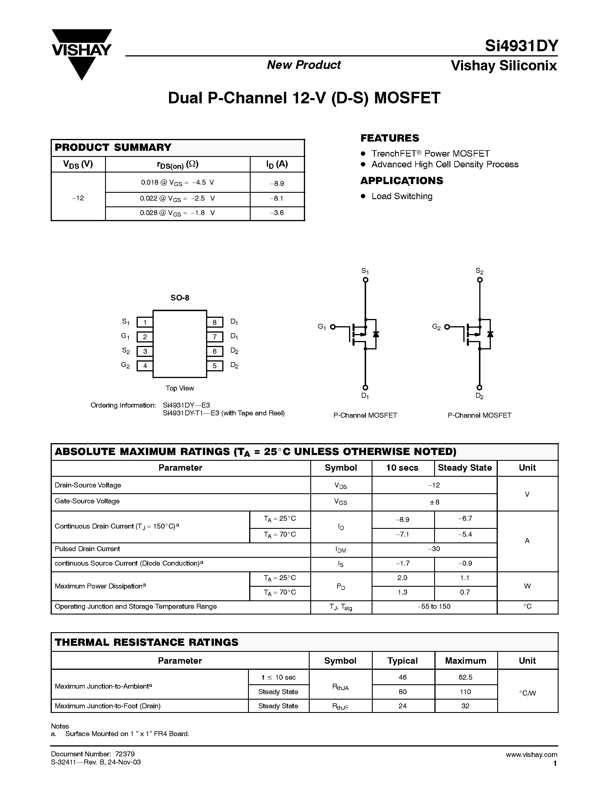 Даташит SI4931DY - Dual P-Channel 12-V (D-S) MOSFET страница 1