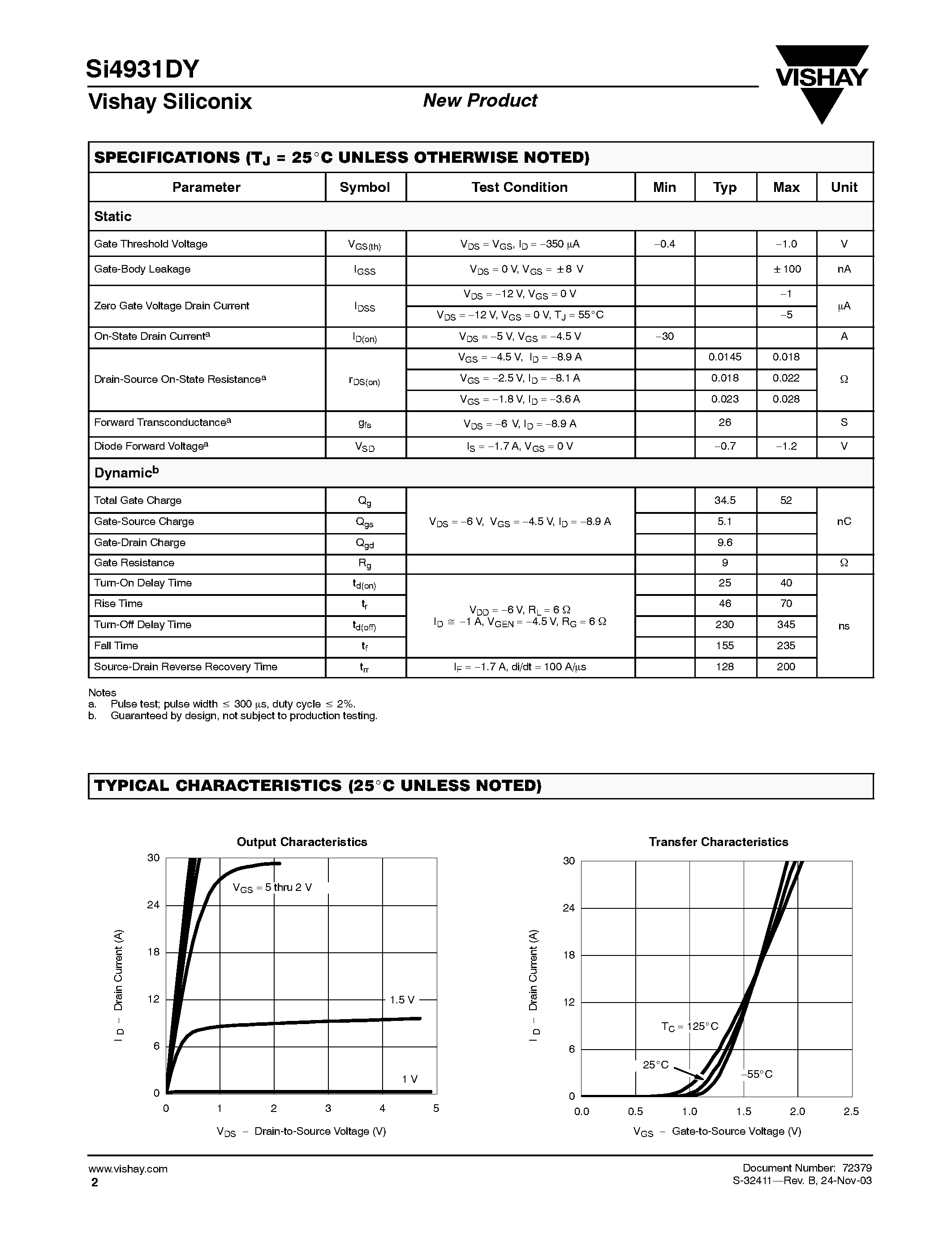 Даташит SI4931DY-E3 - Dual P-Channel 12-V (D-S) MOSFET страница 2