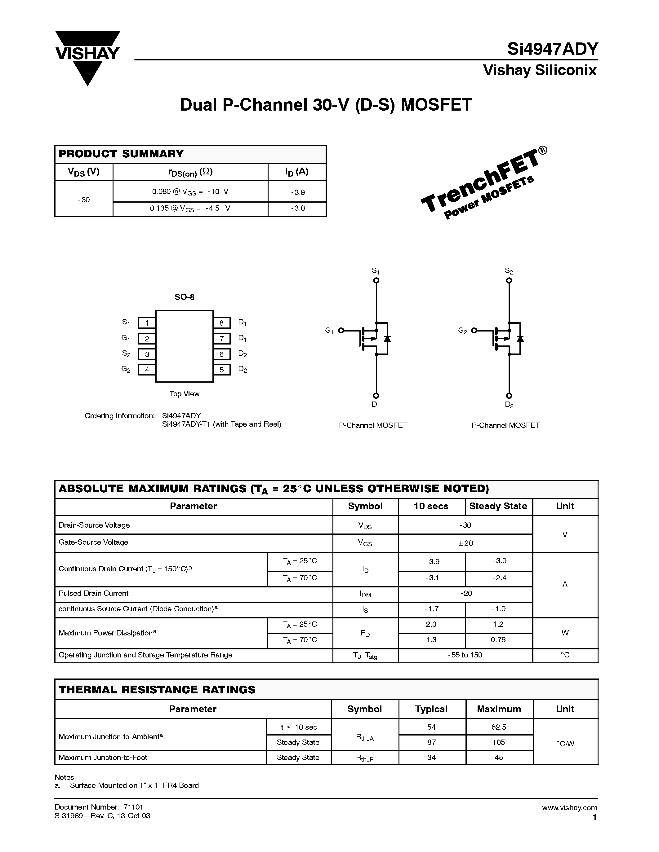 Даташит SI4947ADY - Dual P-Channel 30-V (D-S) MOSFET страница 1