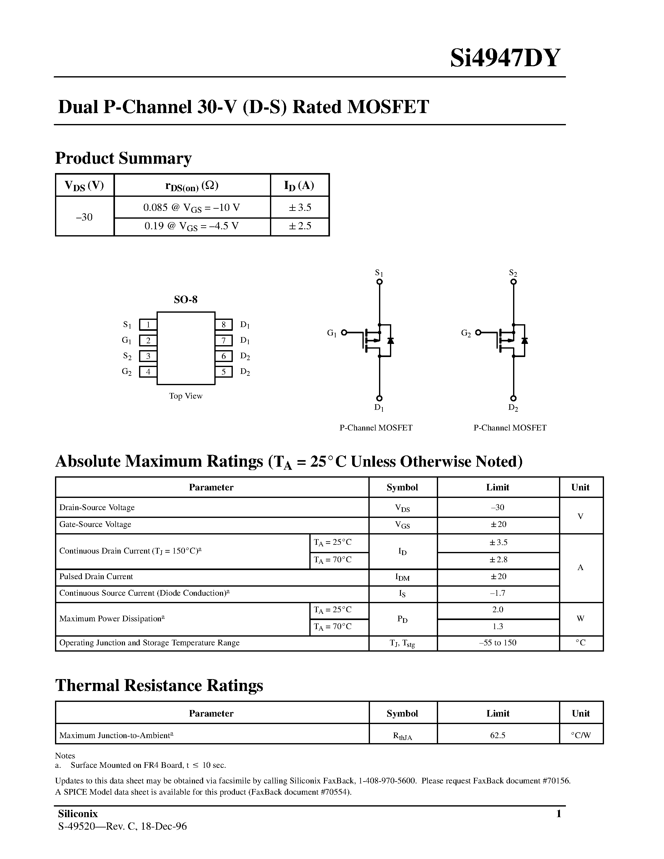 Даташит SI4947DY - Dual P-Channel 30-V (D-S) Rated MOSFET страница 1