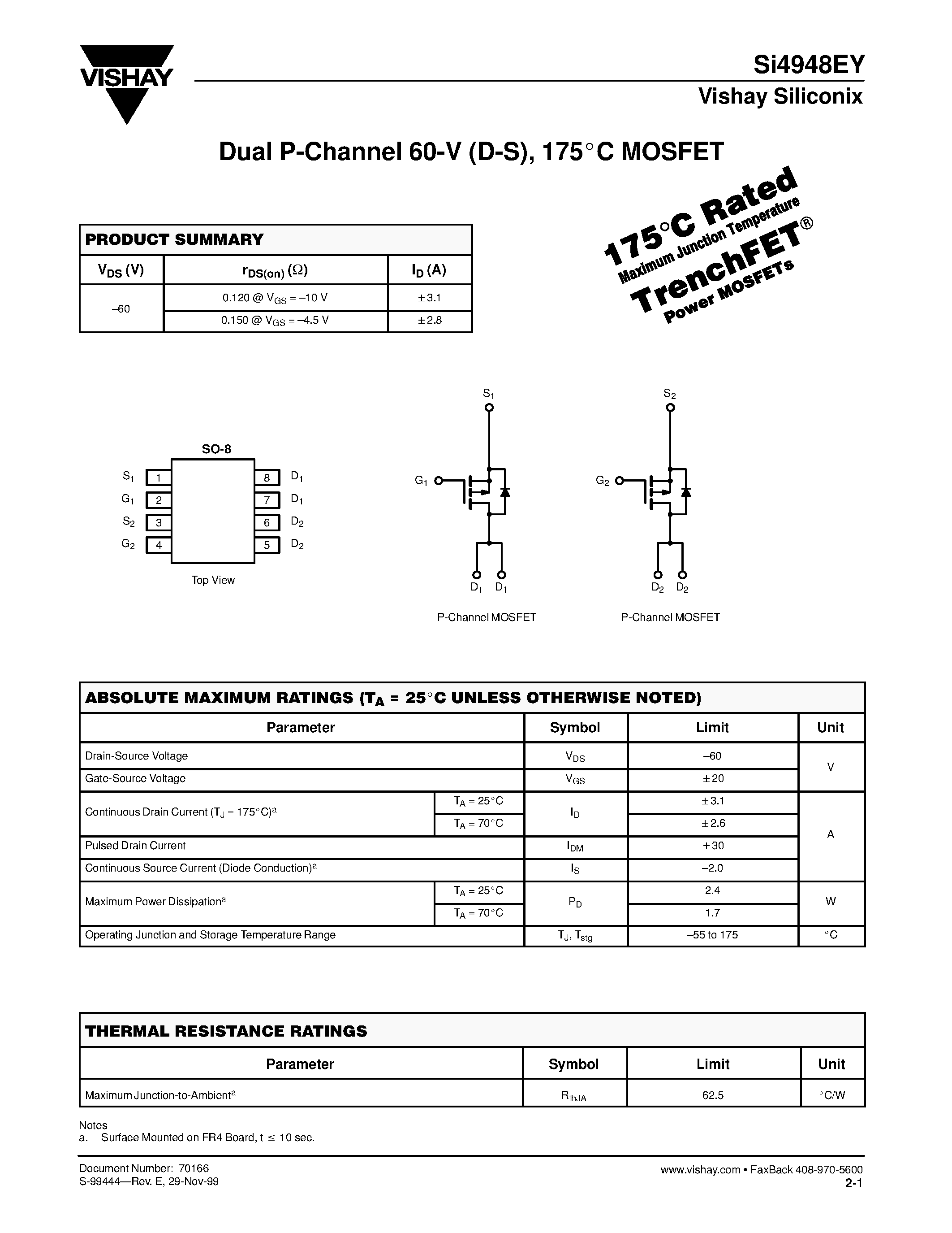 Даташит SI4948EY - Dual P-Channel 60-V (D-S)/ 175C MOSFET страница 1