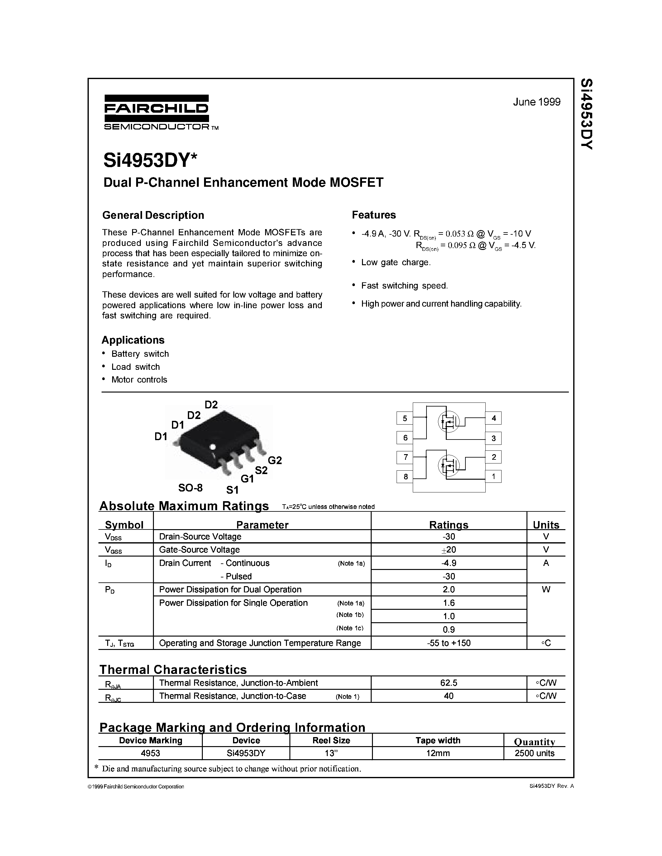 Даташит SI4953DY - Dual P-Channel Enhancement Mode MOSFET страница 1