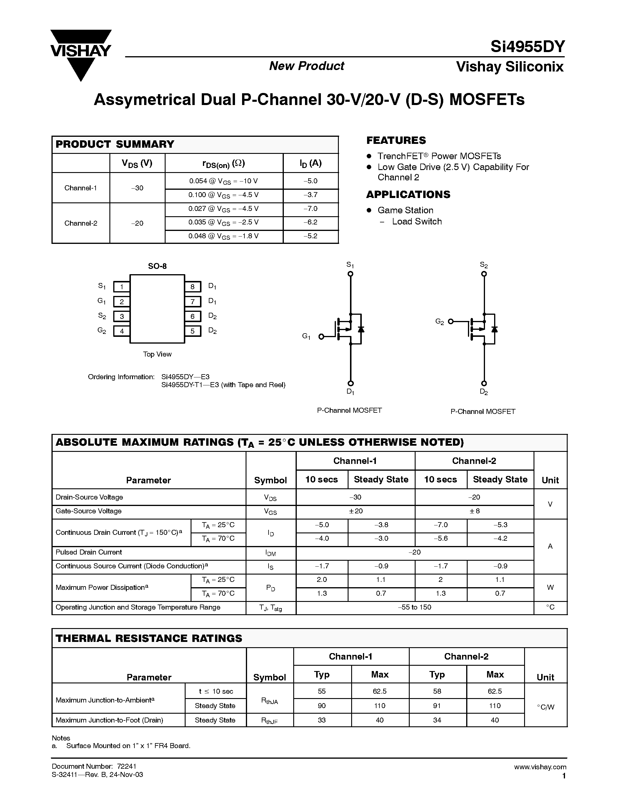 Даташит SI4955DY - Assymetrical Dual P-Channel 30-V/20-V (D-S) MOSFETs страница 1