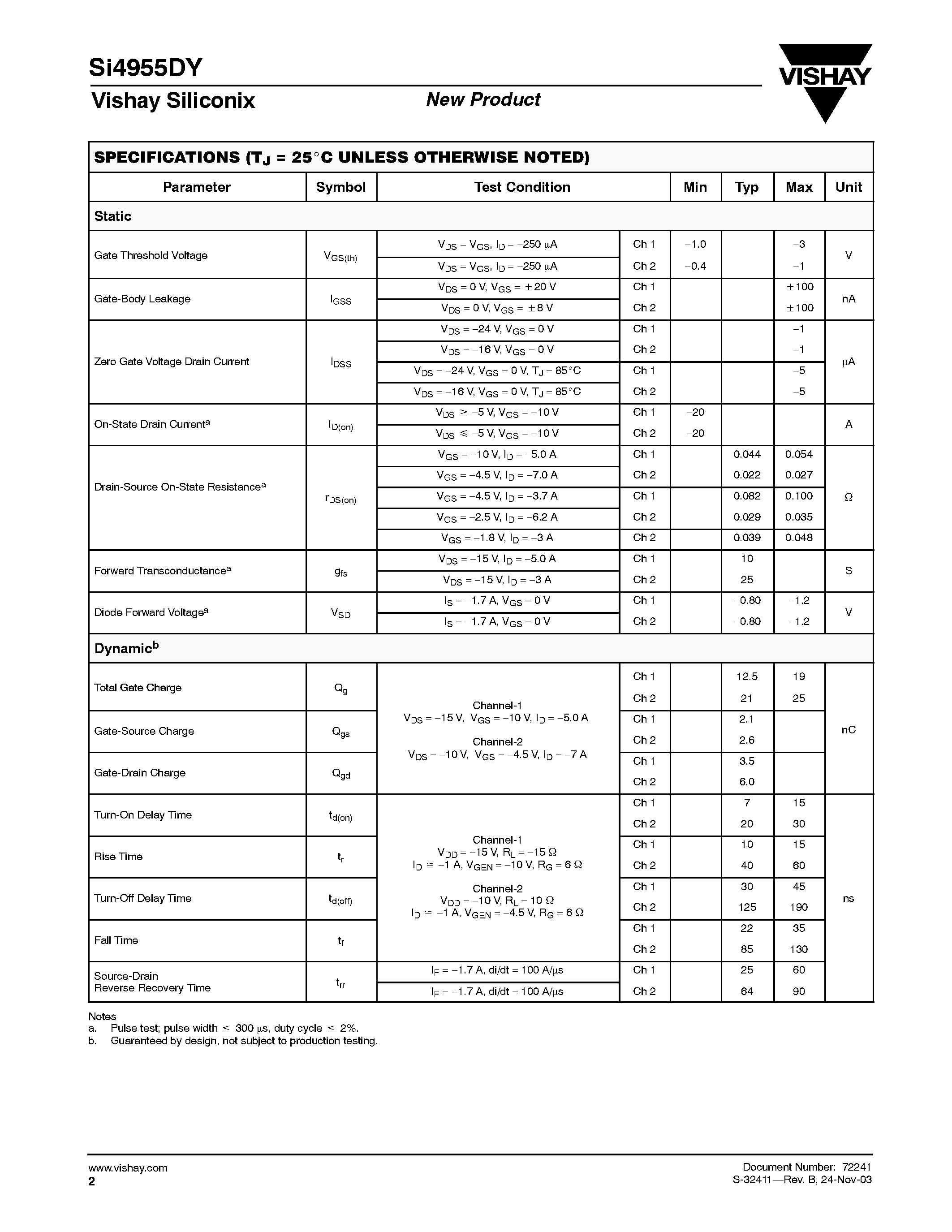 Даташит SI4955DY - Assymetrical Dual P-Channel 30-V/20-V (D-S) MOSFETs страница 2