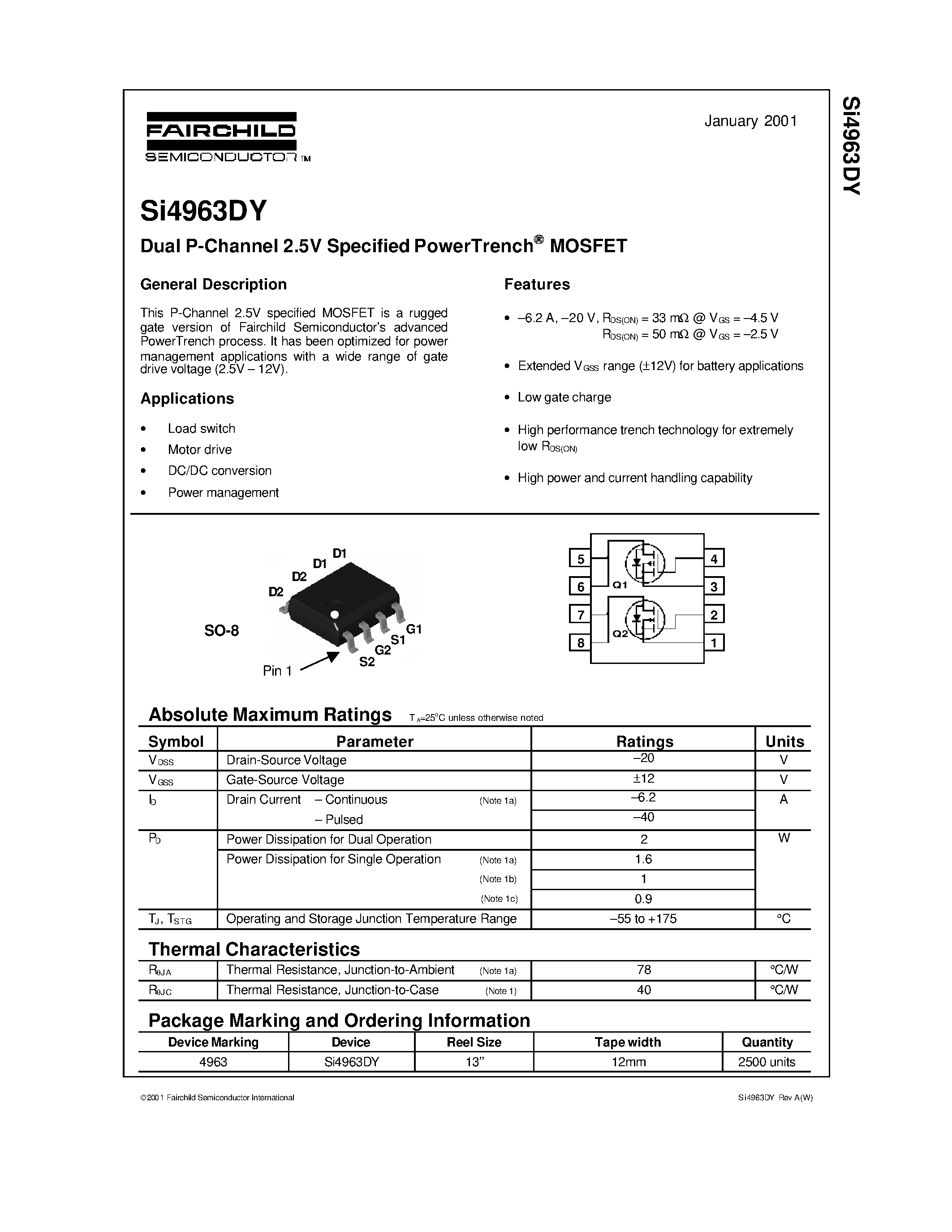 Даташит SI4963DY - Dual P-Channel 2.5V Specified PowerTrench MOSFET страница 1