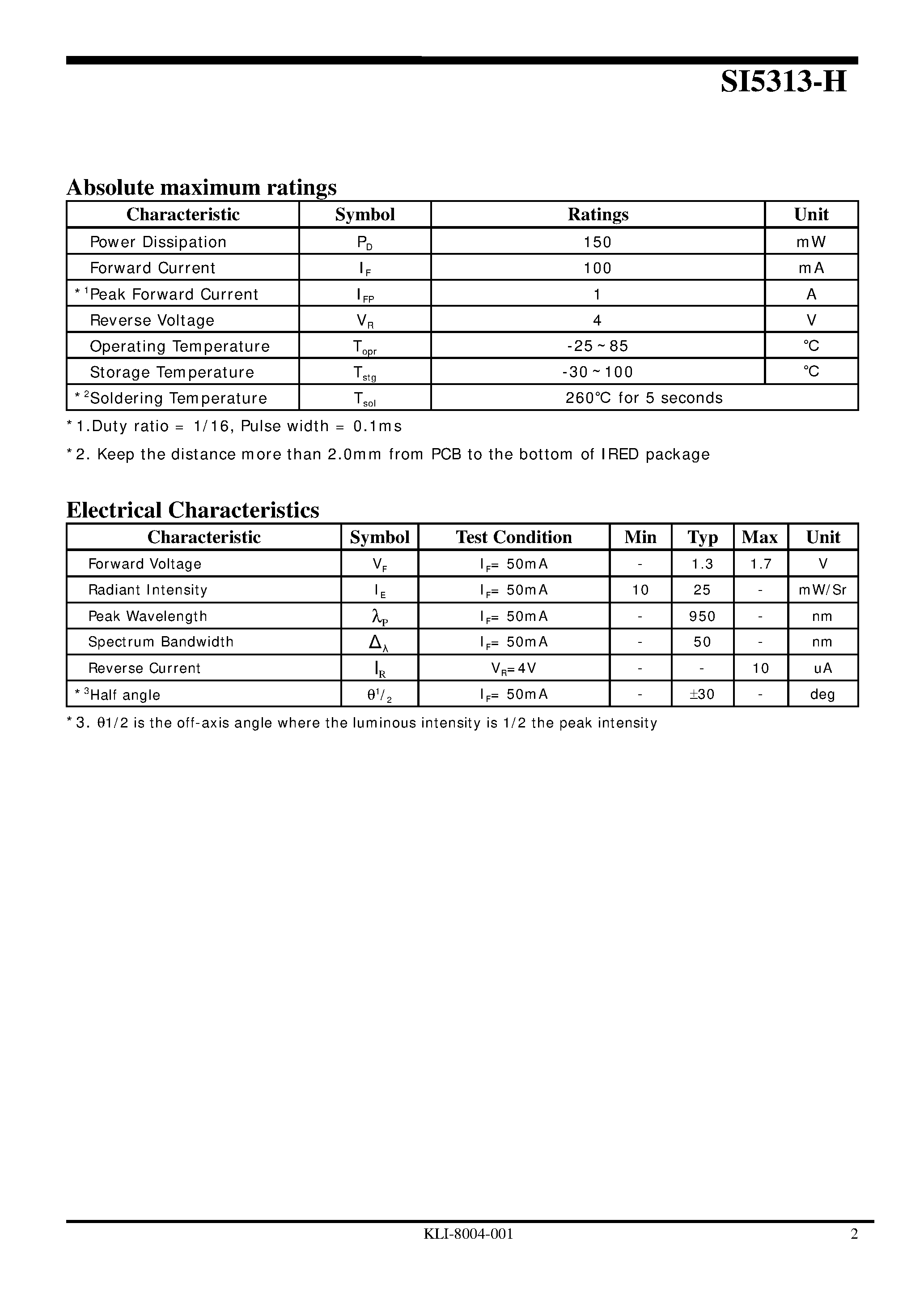 Даташит SI5313-H - IRED страница 2