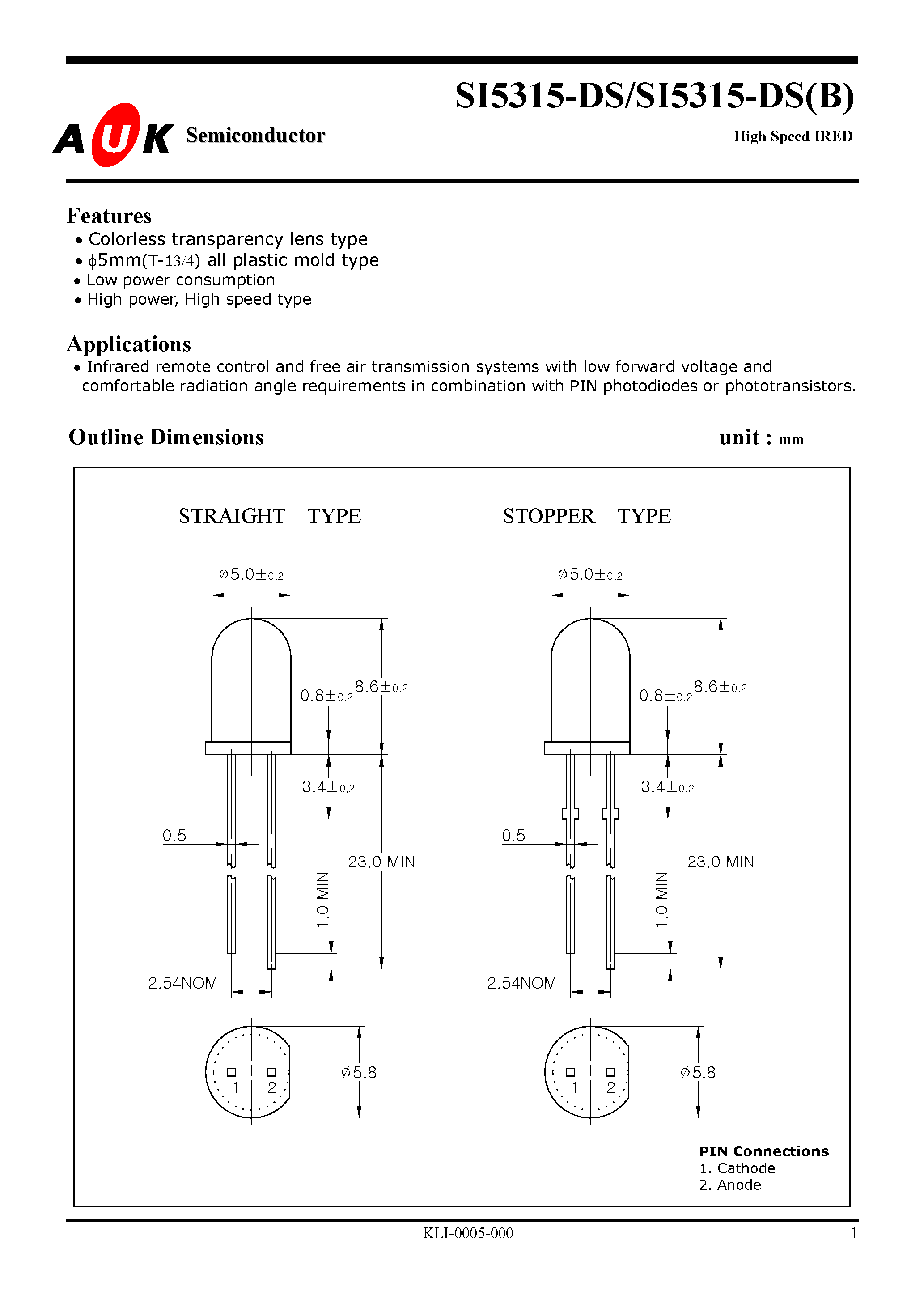 Datasheet SI5315-DS(B) - High Speed IRED page 1