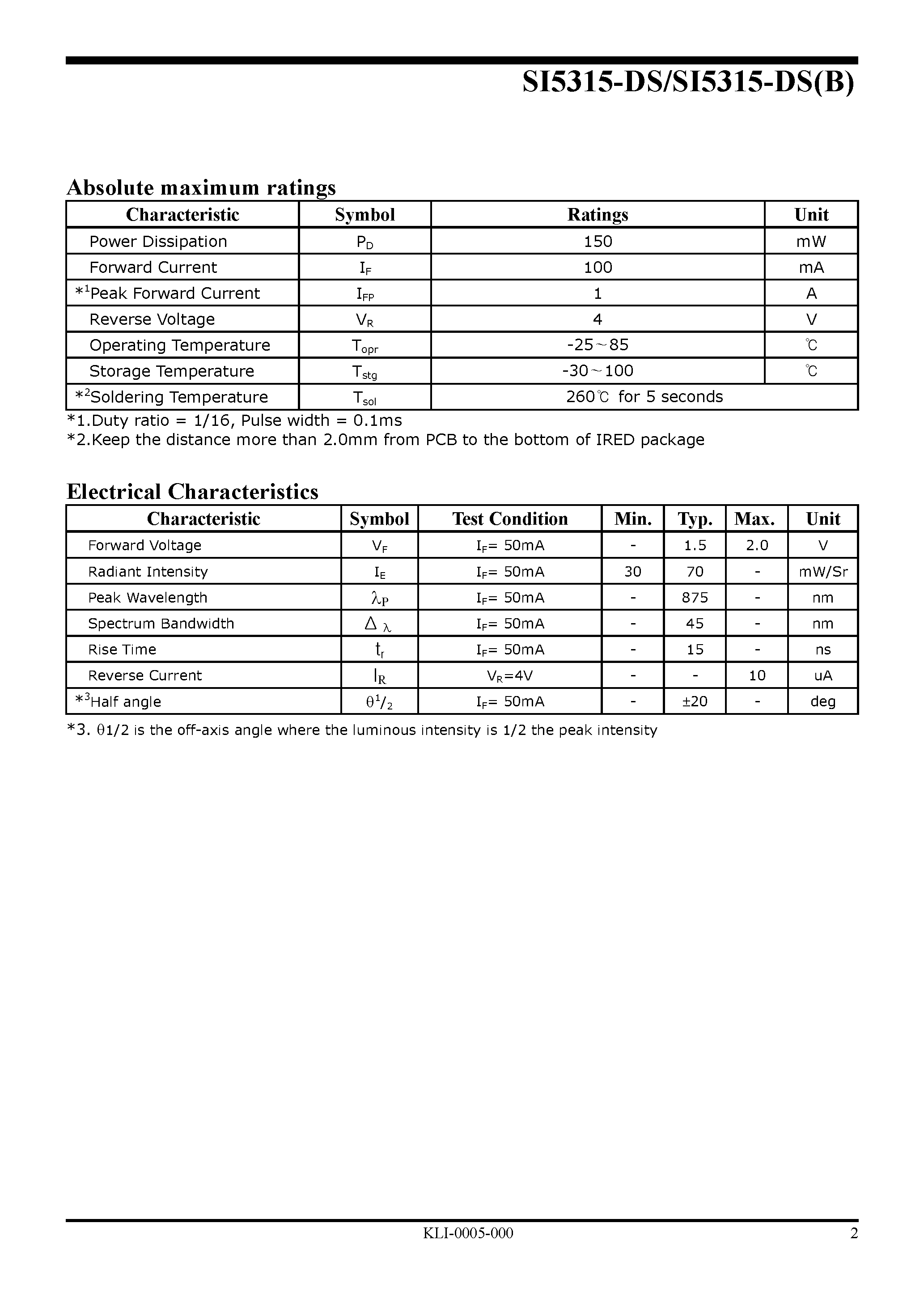 Datasheet SI5315-DS(B) - High Speed IRED page 2