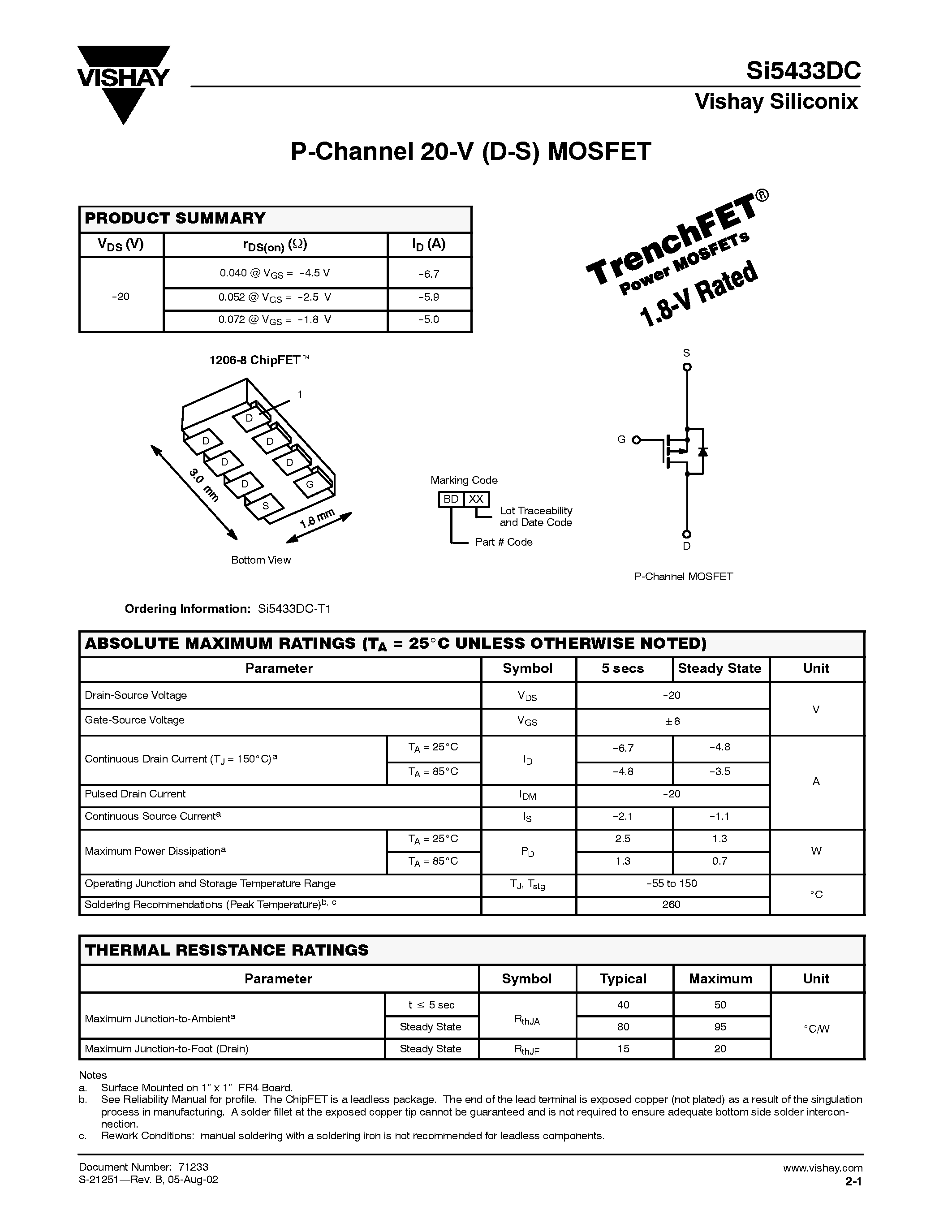 Даташит SI5433DC-T1 - P-Channel 20-V (D-S) MOSFET страница 1