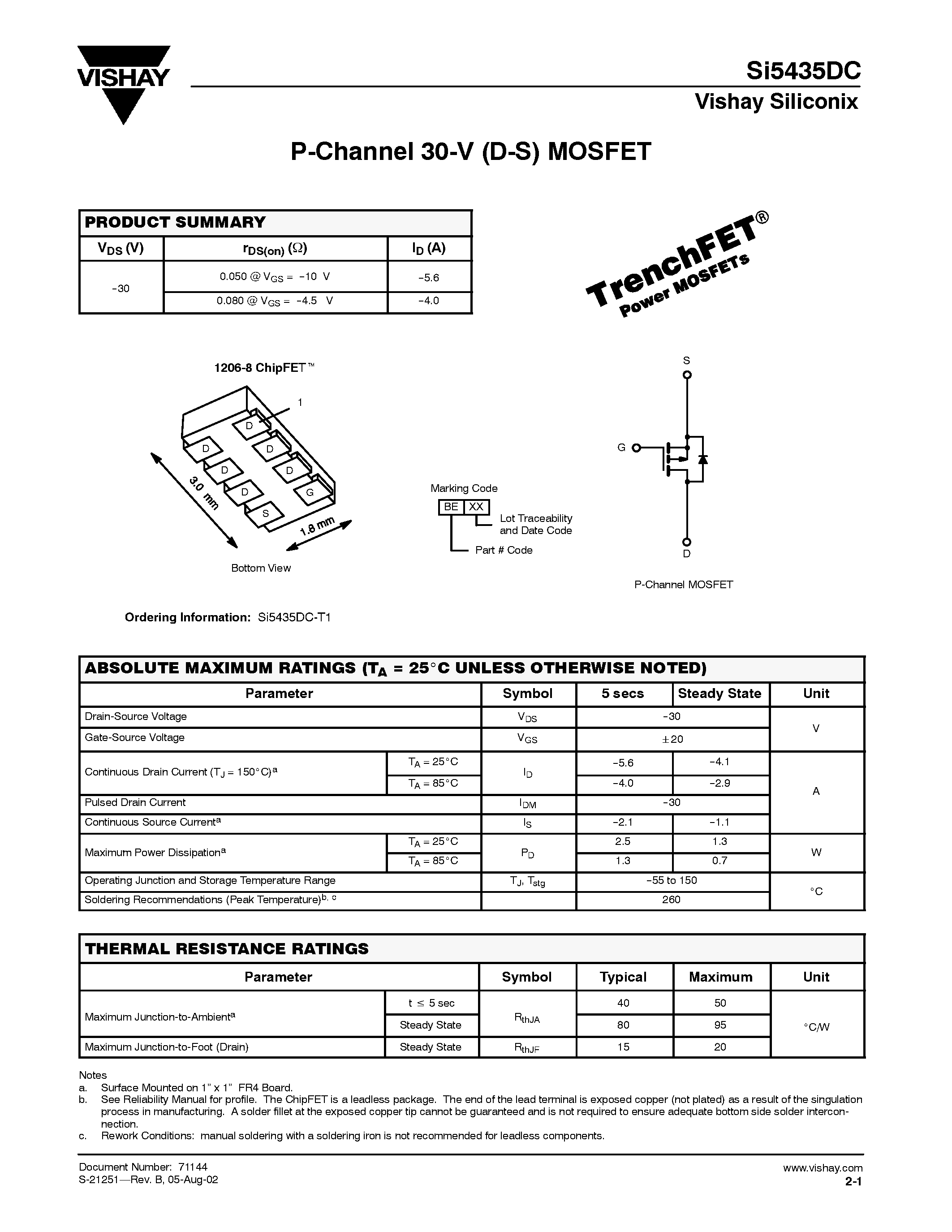 Даташит SI5435DC - P-Channel 30-V (D-S) MOSFET страница 1