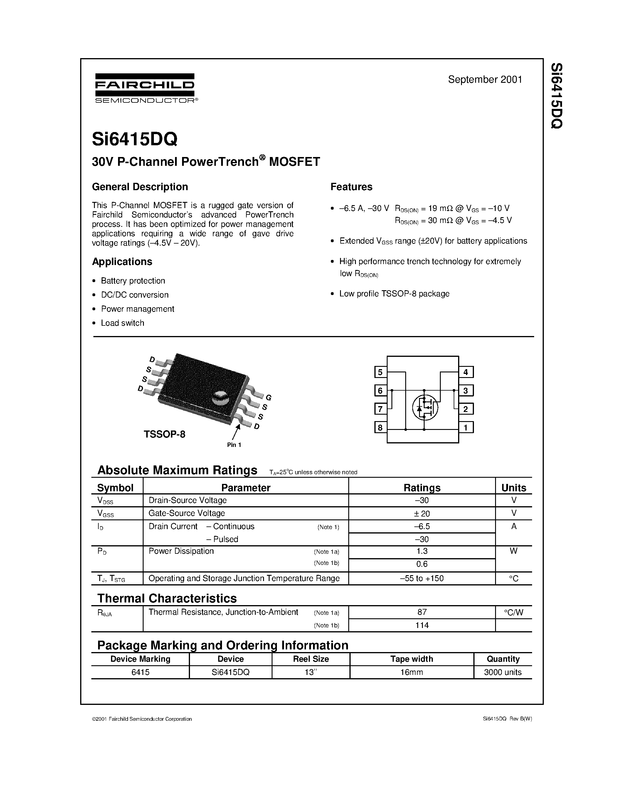 Даташит SI6415DQ - 30V P-Channel PowerTrench MOSFET страница 1