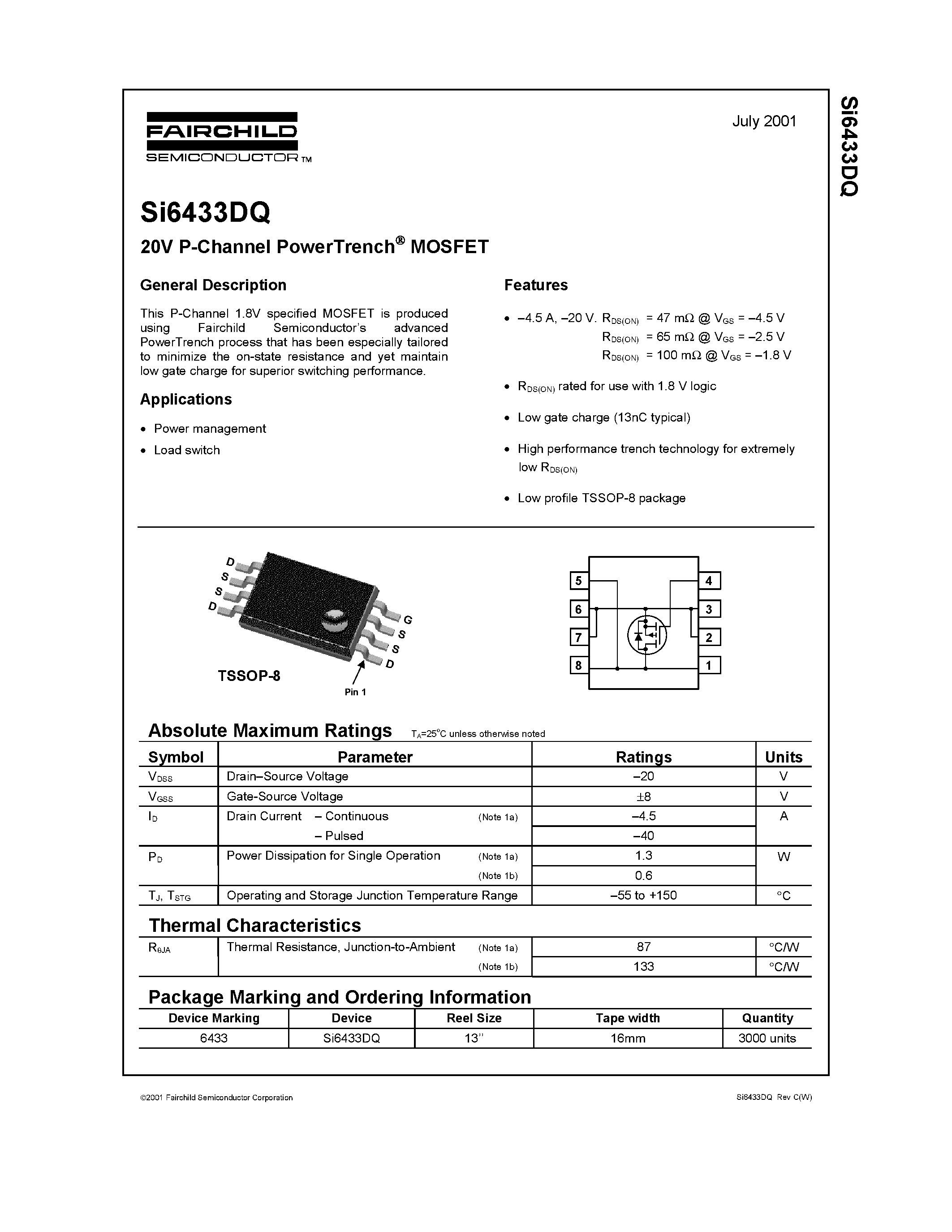 Даташит SI6433DQ - 20V P-Channel PowerTrench MOSFET страница 1