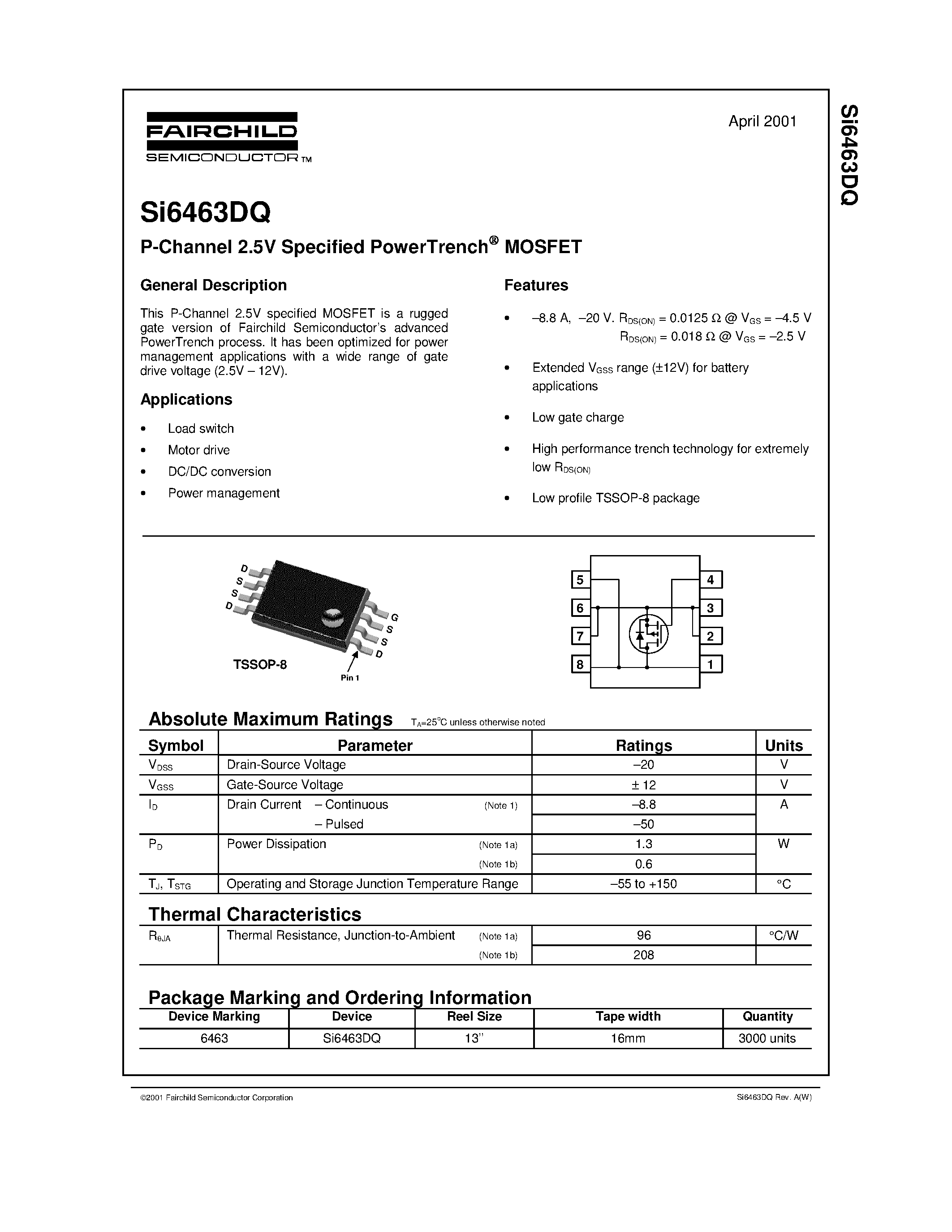 Даташит SI6463DQ - P-Channel 2.5V Specified PowerTrench MOSFET страница 1