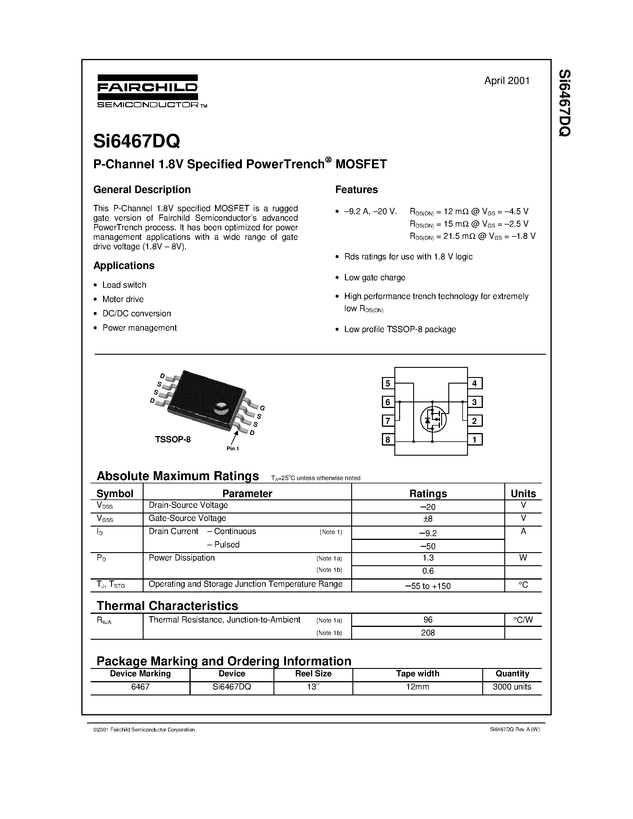 Даташит SI6467DQ - P-Channel 1.8V Specified PowerTrench MOSFET страница 1