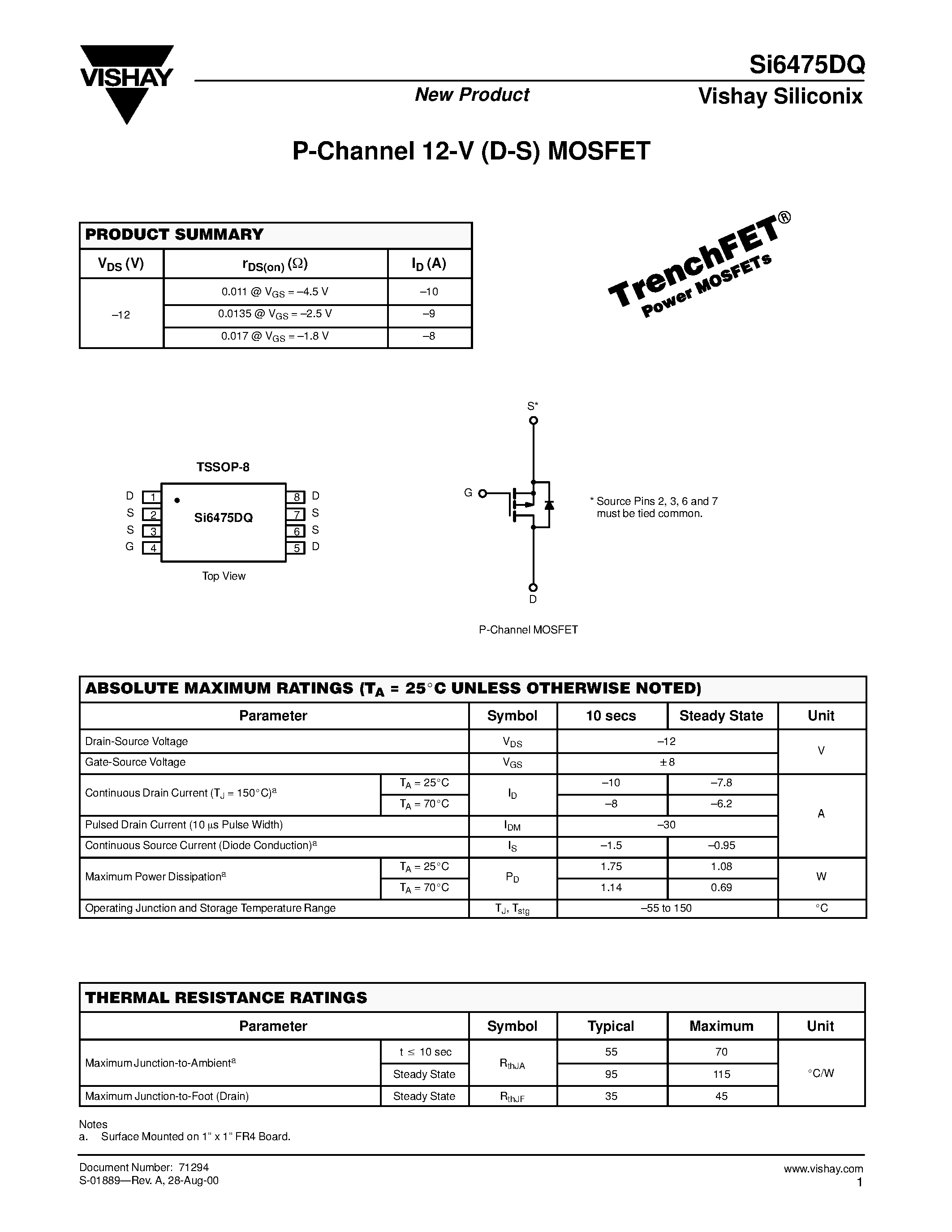 Даташит SI6475DQ - P-Channel 12-V (D-S) MOSFET страница 1