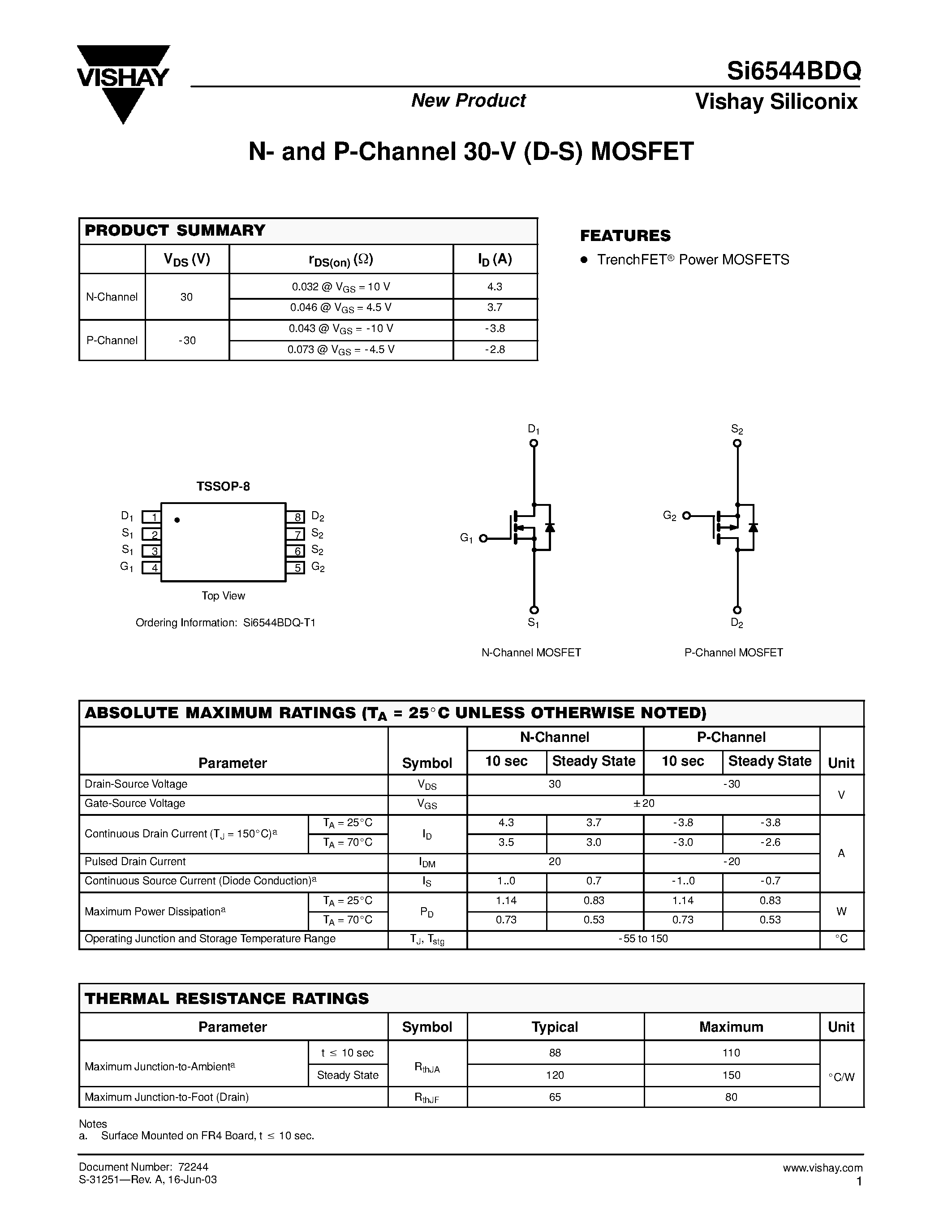 Даташит SI6544BDQ - N-and P-Channel 30-V (D-S) MOSFET страница 1