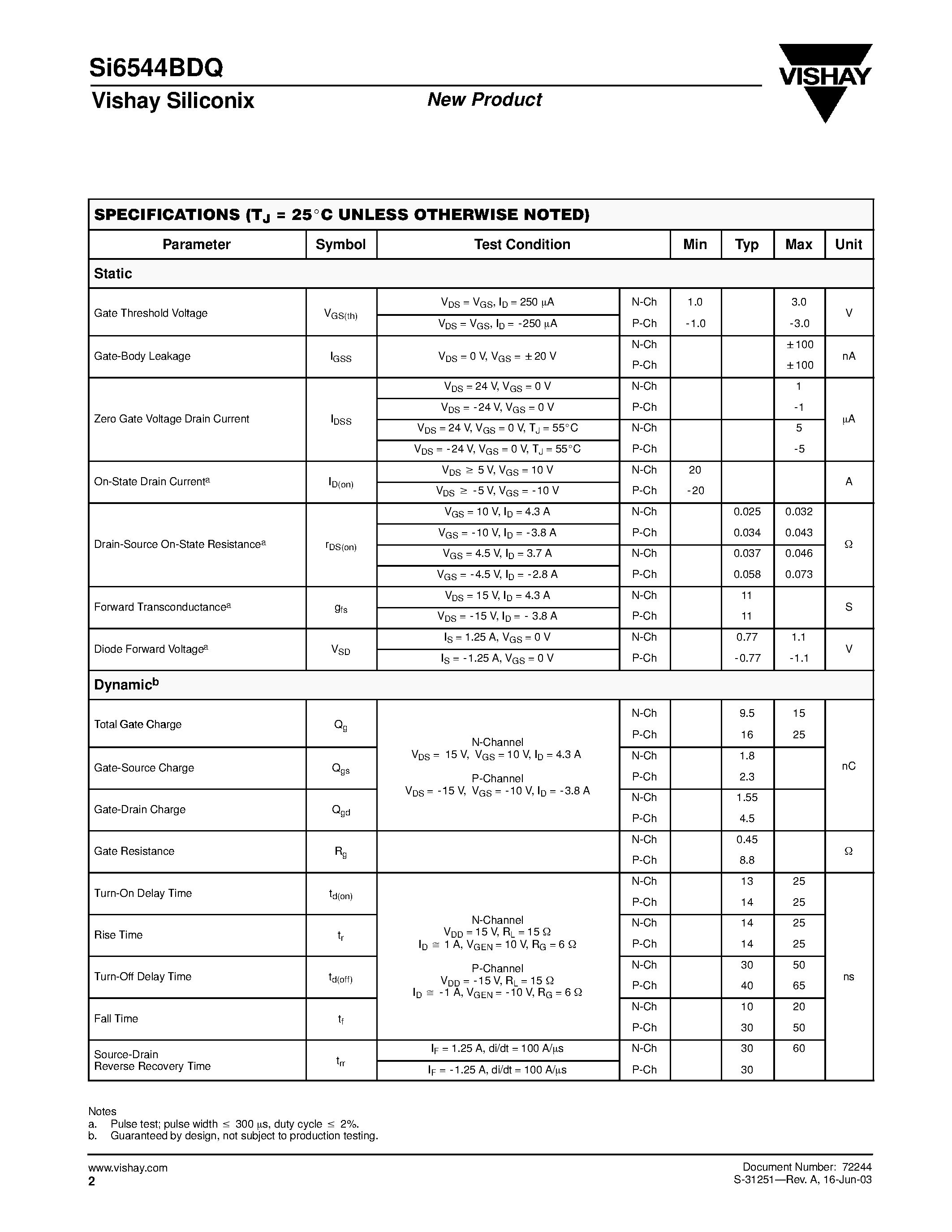 Даташит SI6544BDQ - N-and P-Channel 30-V (D-S) MOSFET страница 2